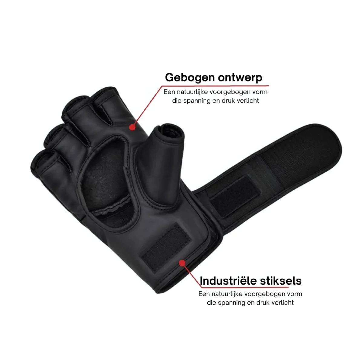Black weightlifting gloves with fingerless design and a wrist strap, with text annotations.