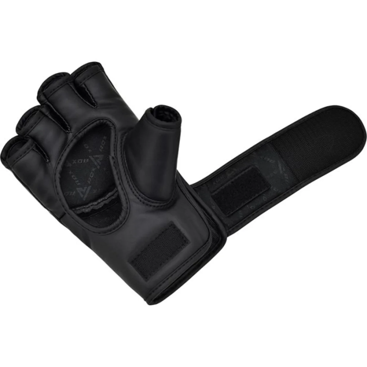 A black, fingerless MMA glove with a wrist strap. It's angled towards the top right.
