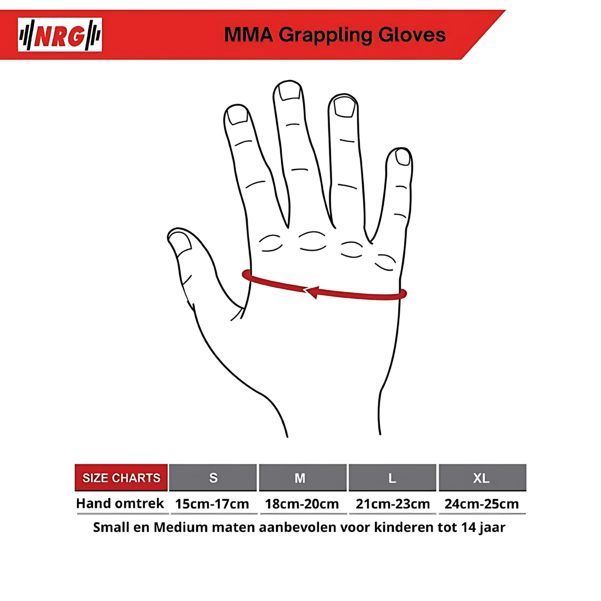 Hand diagram with measurements. Size chart: S, M, L, XL, with corresponding hand circumference sizes.