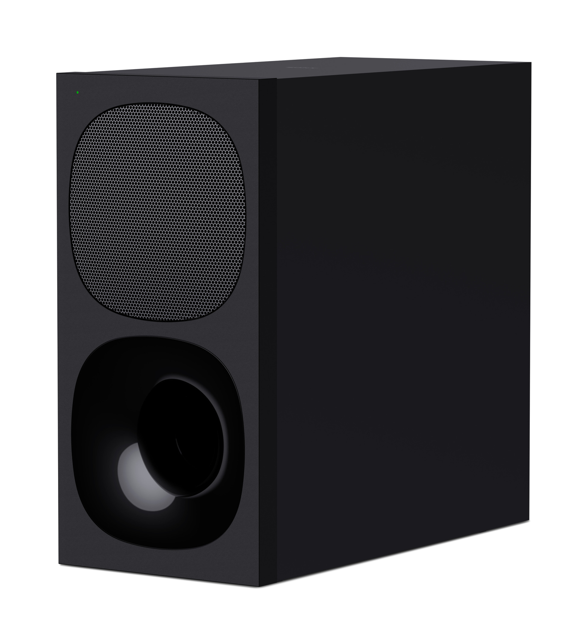 Subwoofer nero con altoparlante rotondo e design rettangolare. Sfondo bianco.