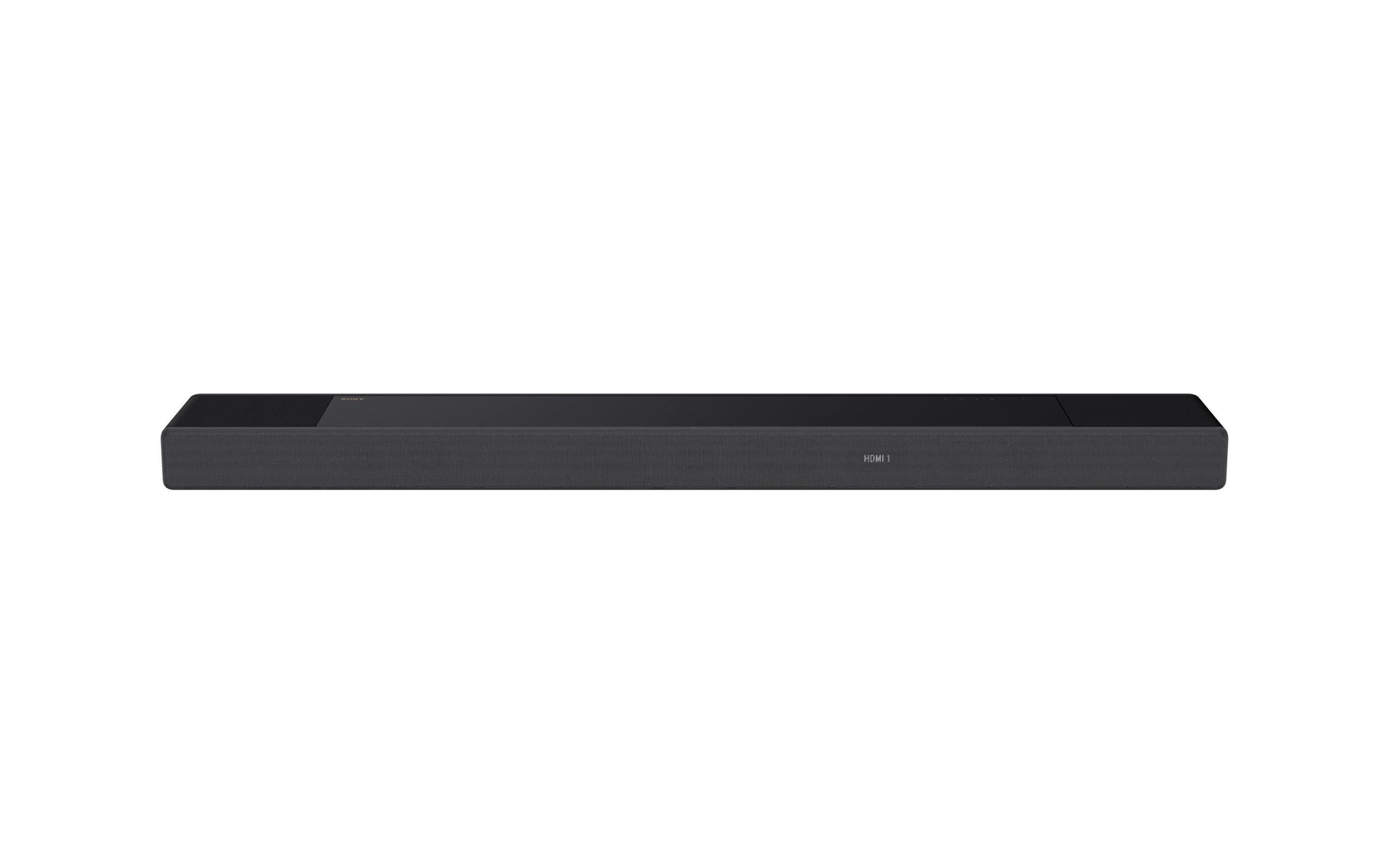 Schwarze Soundbar mit HDMI-Anschluss auf weißem Hintergrund.