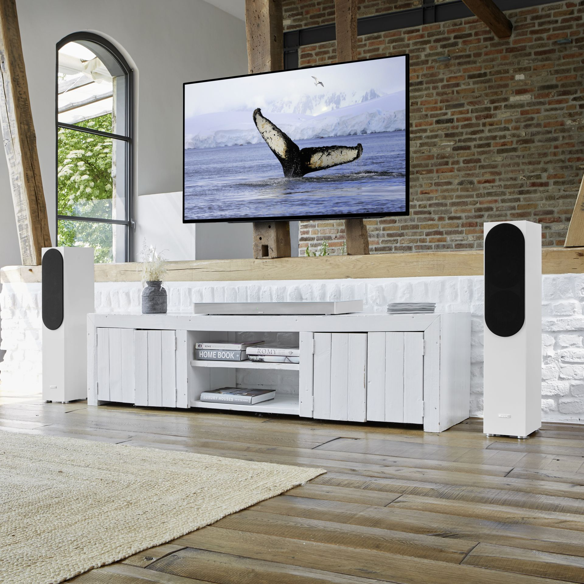 Ein Wohnzimmer mit weißen Backsteinwänden, Holzbalken und einem großen Fernseher, der eine Walflosse zeigt.
