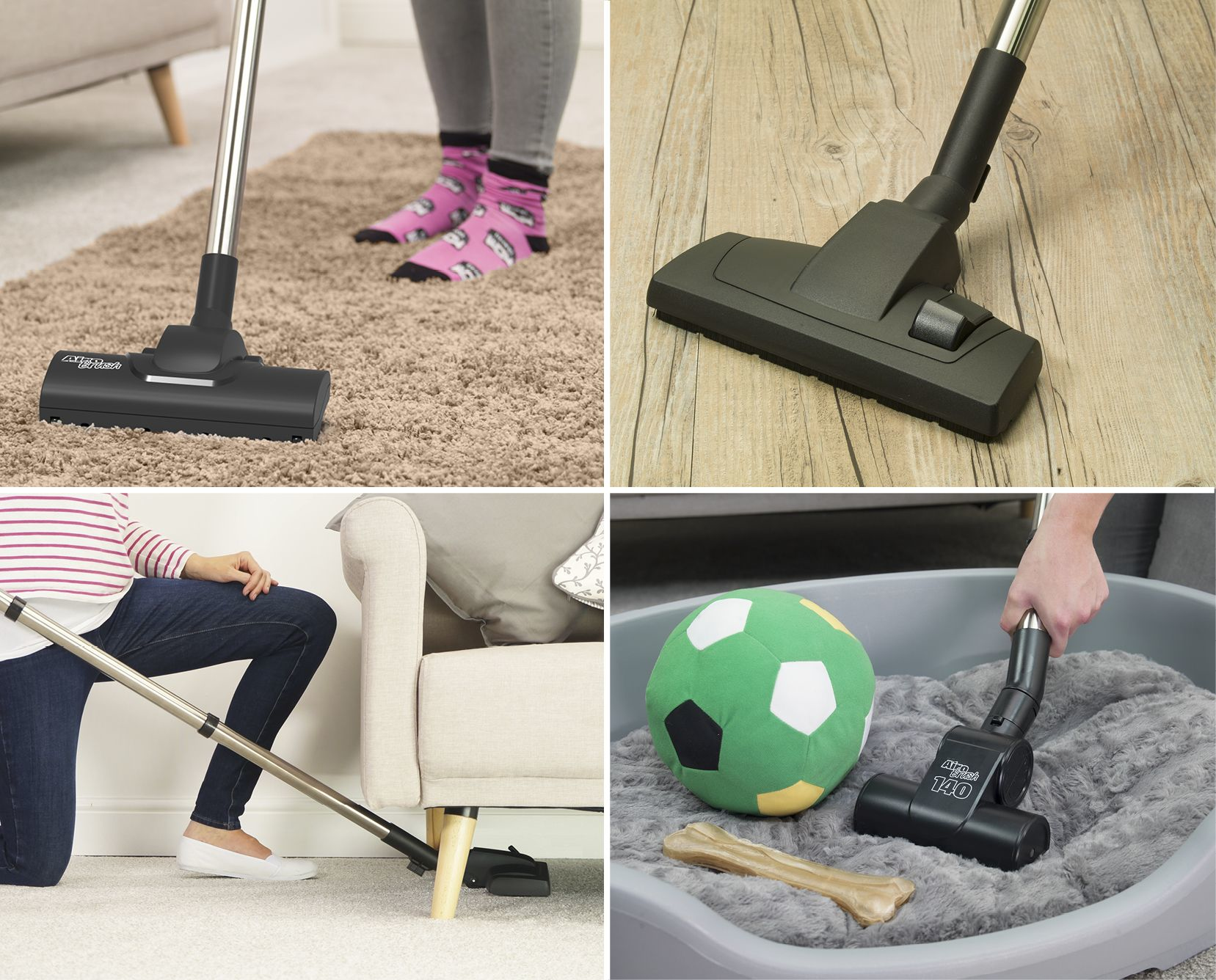 Quatre images montrant l'aspiration. Une personne aspirant un tapis et sous un canapé.