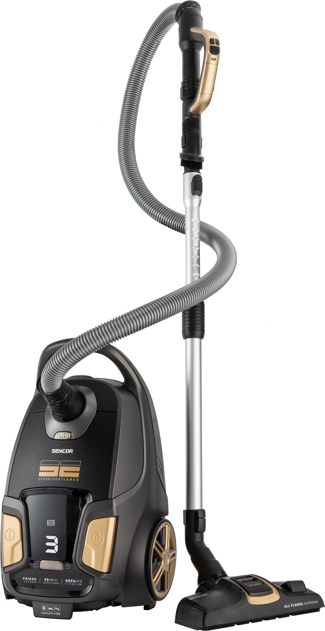 Czarno-złoty odkurzacz Sencor z długim, elastycznym wężem i szczotką.