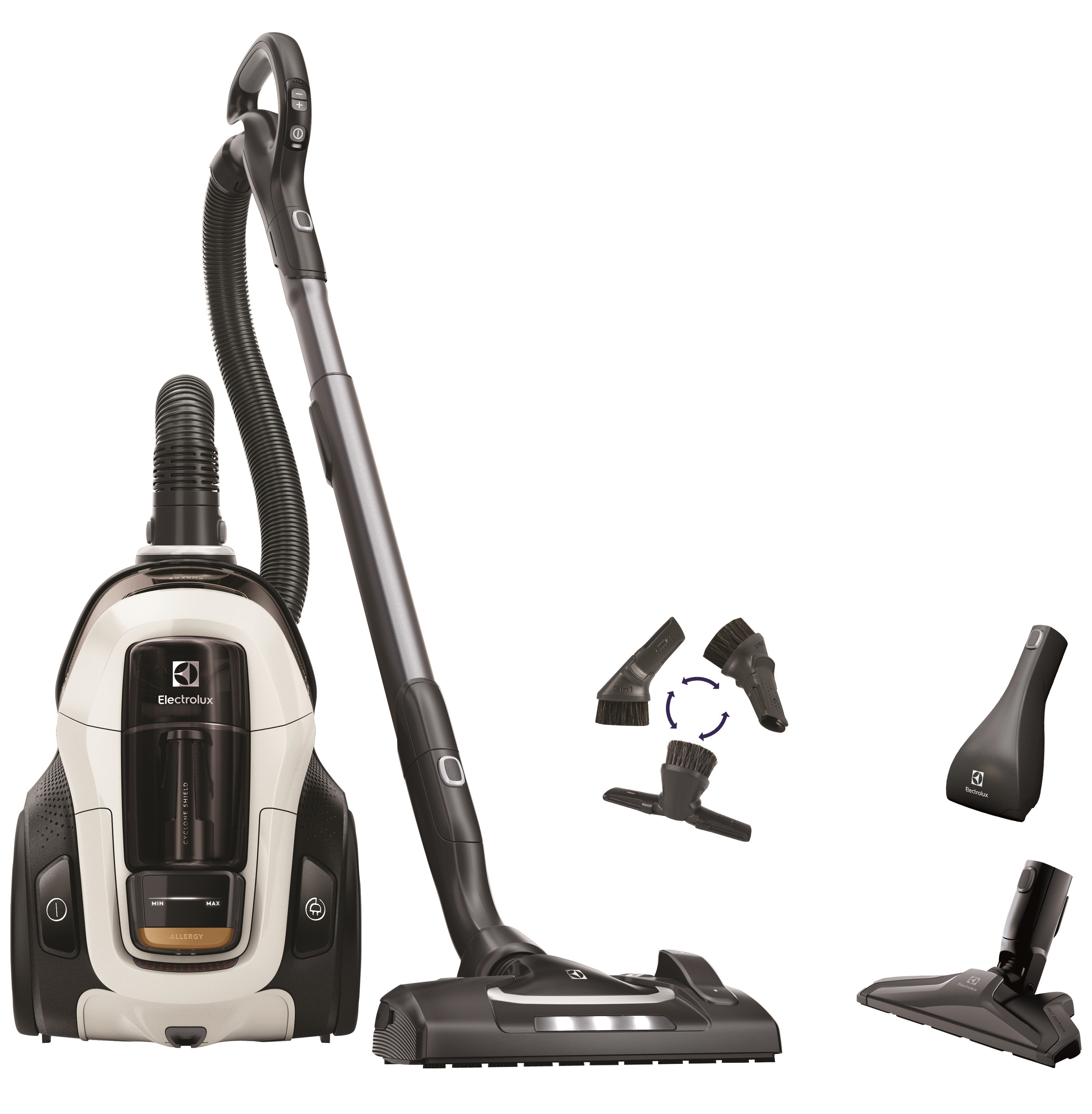 Odkurzacz Electrolux z akcesoriami. Jest biało-czarny, z wężem i długim uchwytem.