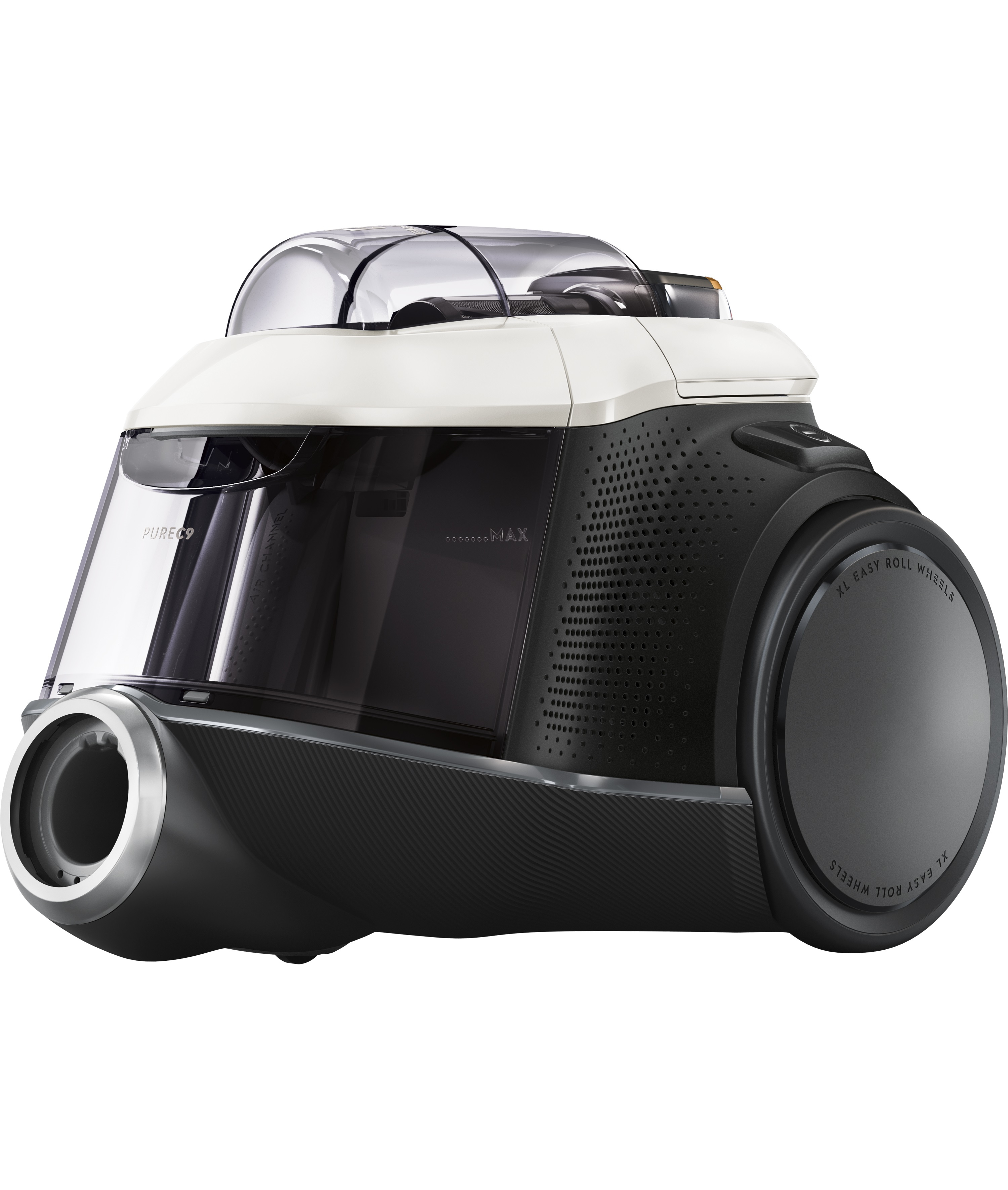 Odkurzacz, czarno-biały, z przezroczystym pojemnikiem na kurz.