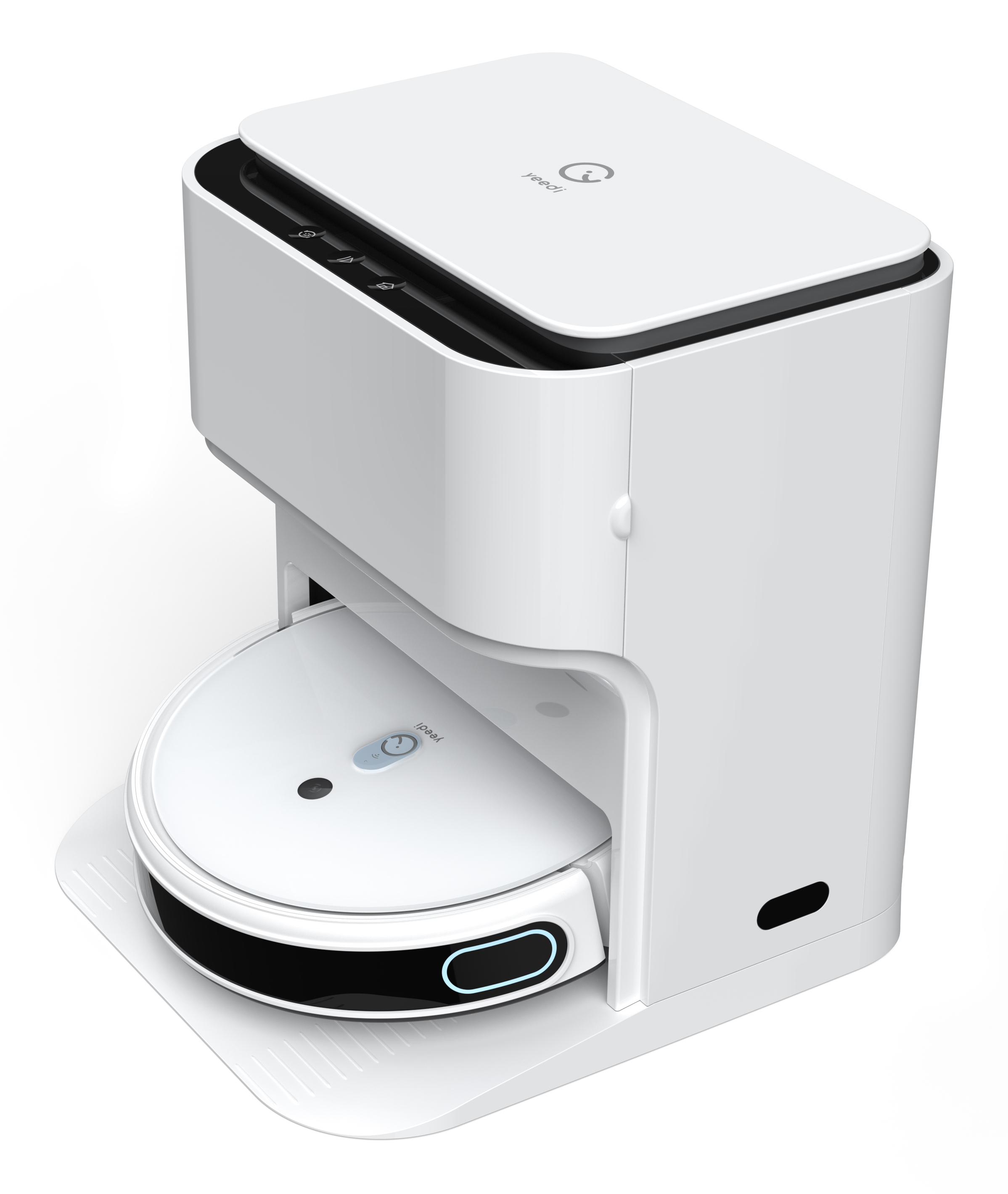 Ein weißer Roboter-Staubsauger mit Ladestation.
