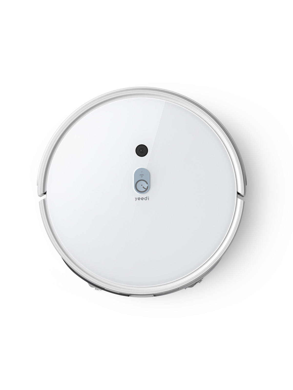 Ein weißer Roboter-Staubsauger mit rundem Design, von oben auf weißem Hintergrund gesehen.