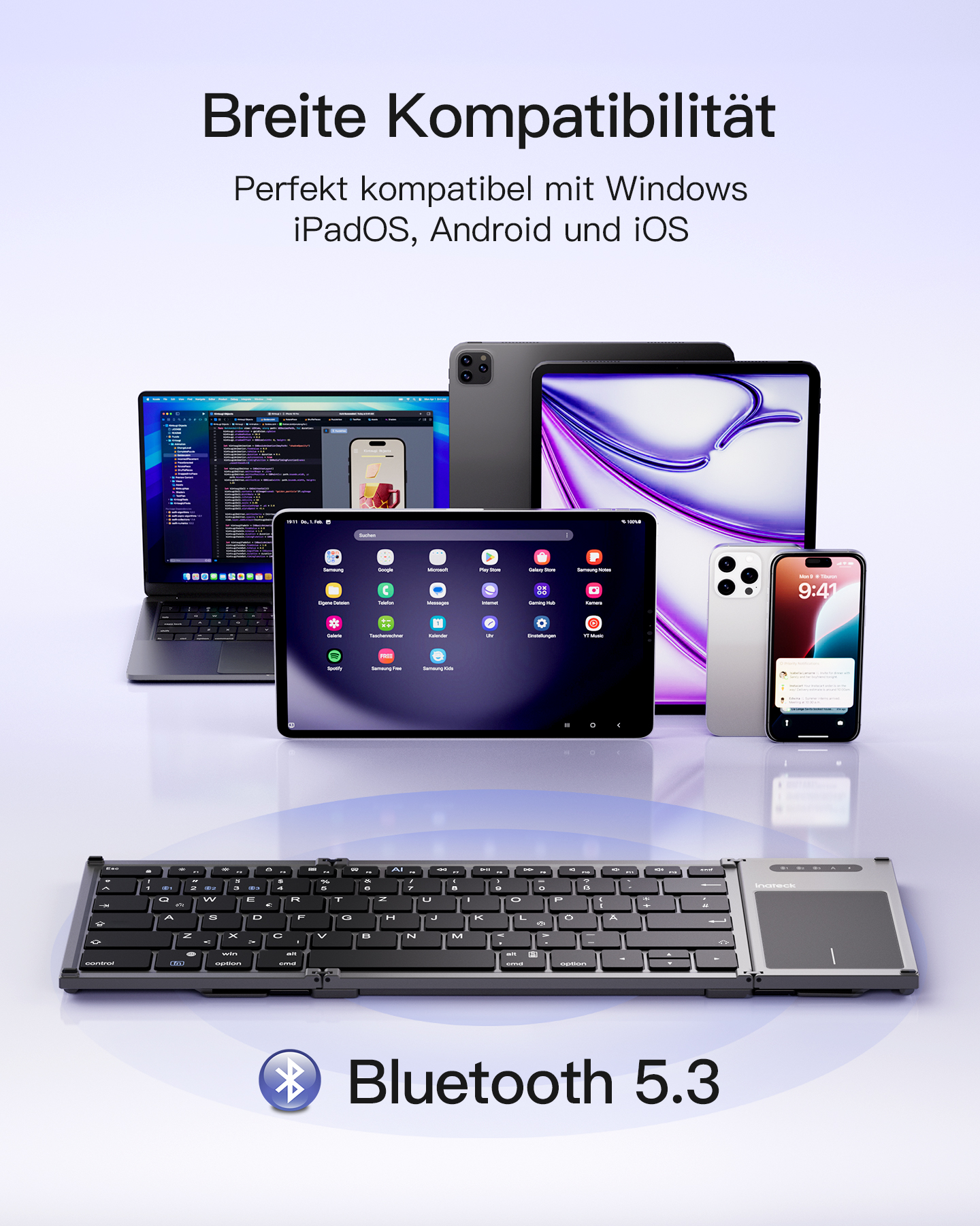 Una tastiera wireless con un touchpad, accanto a un laptop, tablet e uno smartphone.