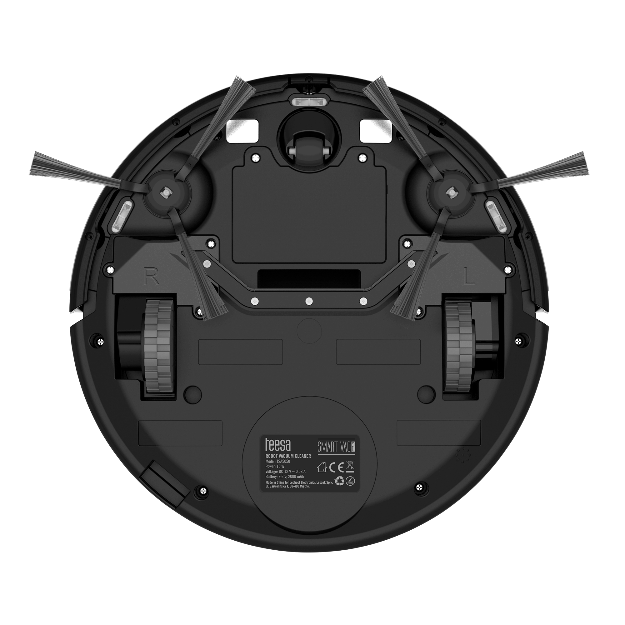 Czarny odkurzacz robot, widok od spodu, ze szczotkami i kołami.
