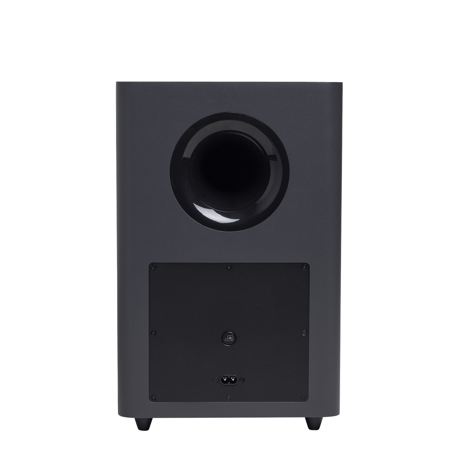 Een achteraanzicht van een zwarte subwoofer met een grote cirkelvormige poort en een stroomingang.