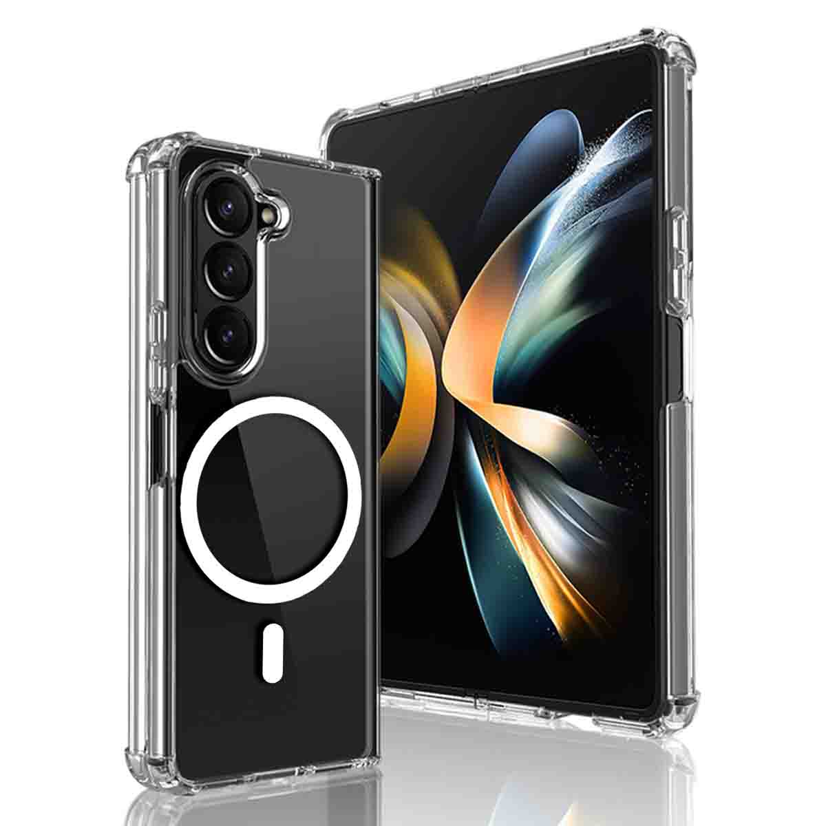 Custodia trasparente per telefono con un telefono accanto a un telefono pieghevole.