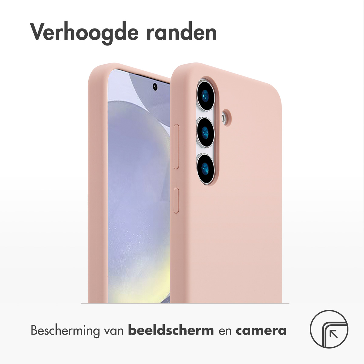 Een perzikkleurig telefoonhoesje met opstaande randen voor scherm- en camerabescherming wordt getoond.
