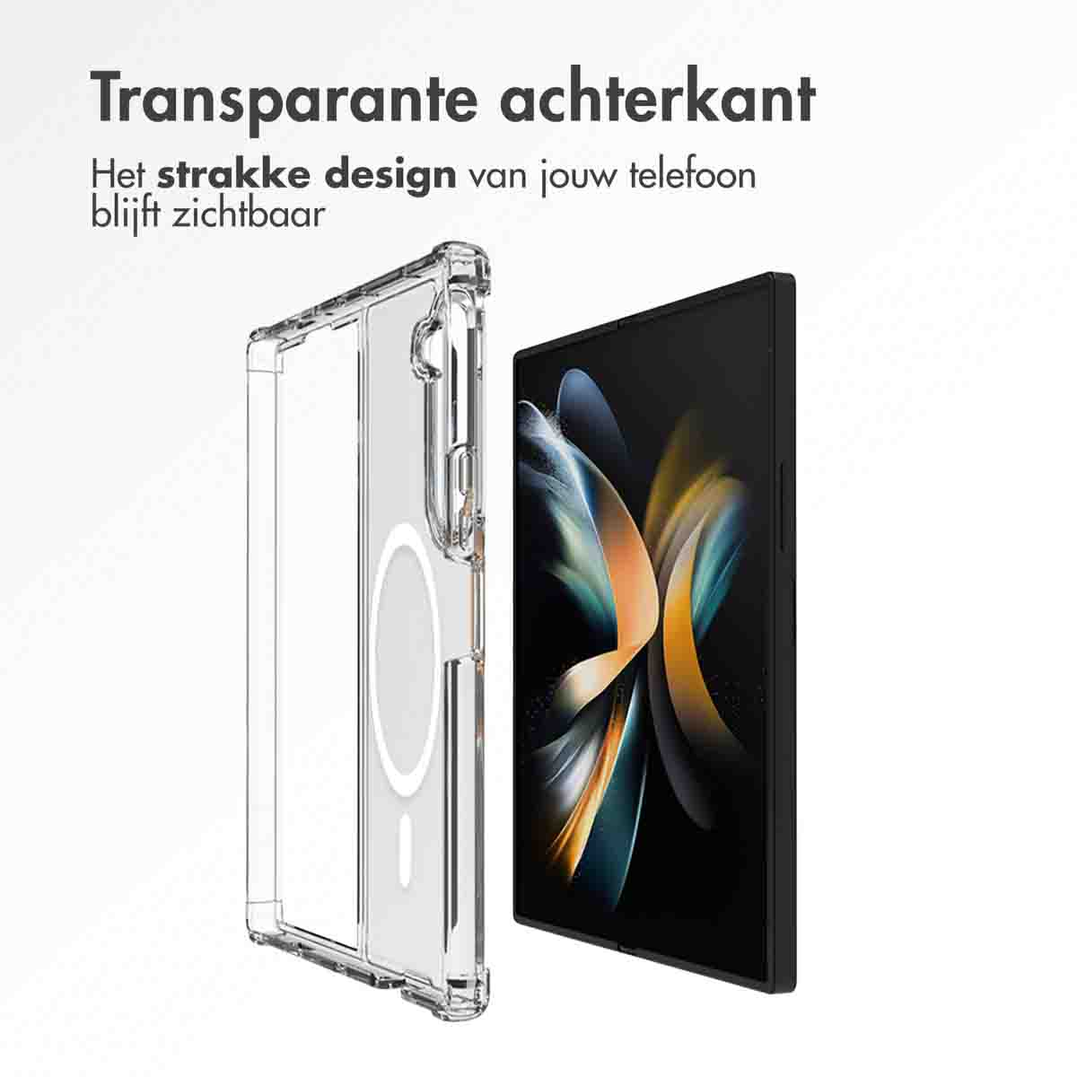 Una custodia trasparente per telefono accanto a un telefono, che mostra il design del telefono.