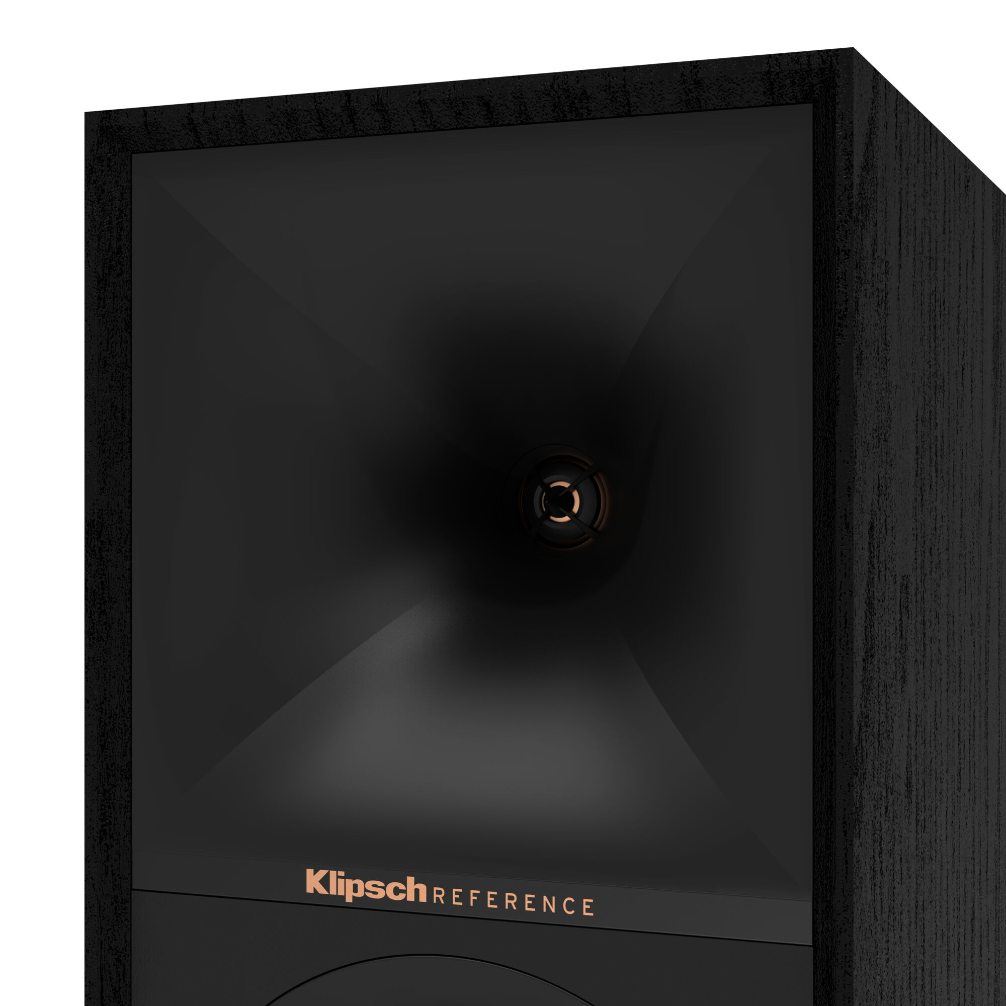 Bakır konili siyah hoparlör. Klipsch Reference görünür.