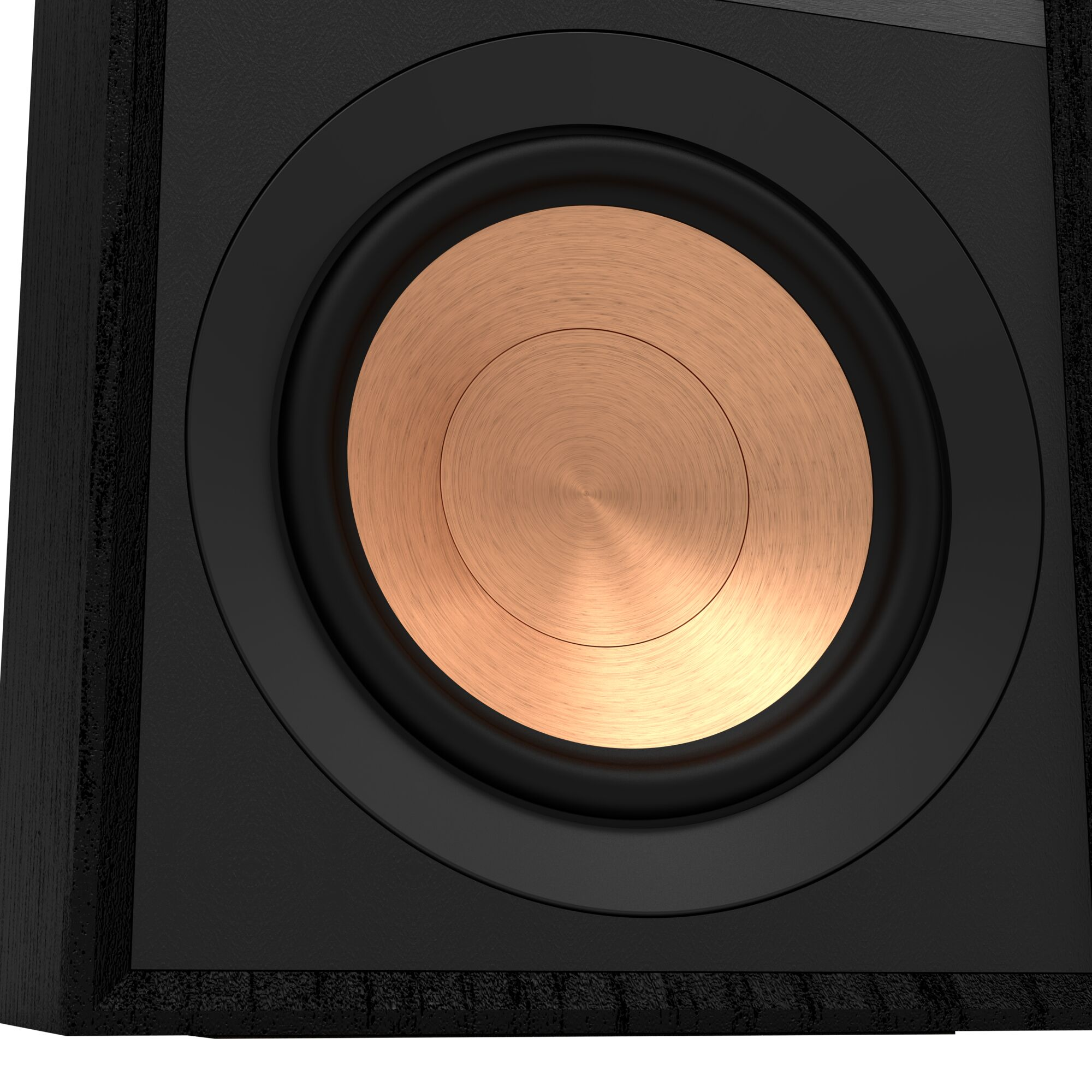 Bakır renkli bir hoparlör ile siyah bir subwoofer'ın yakın çekimi.