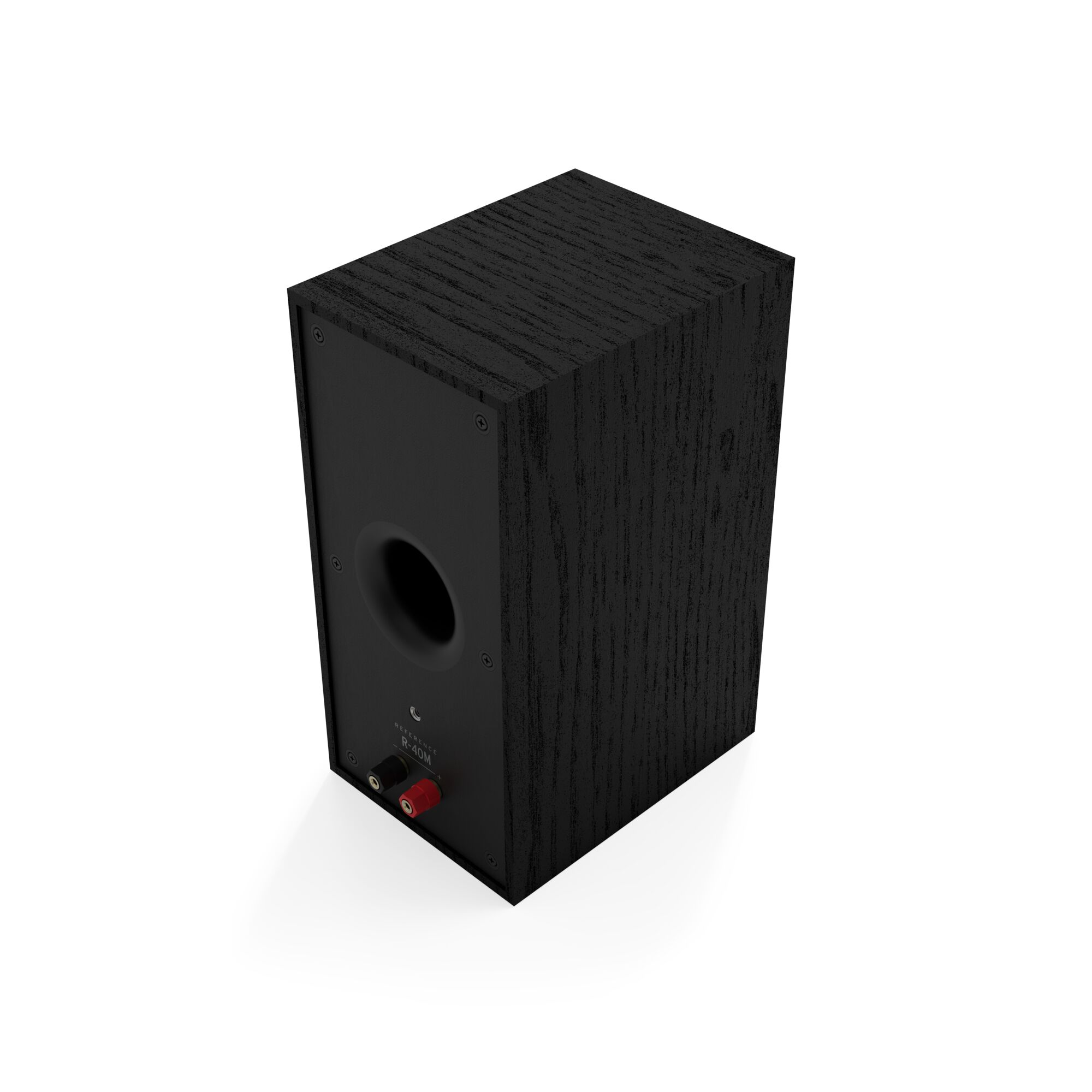 Un altoparlante nero con porte di connessione rosse e nere sul retro.