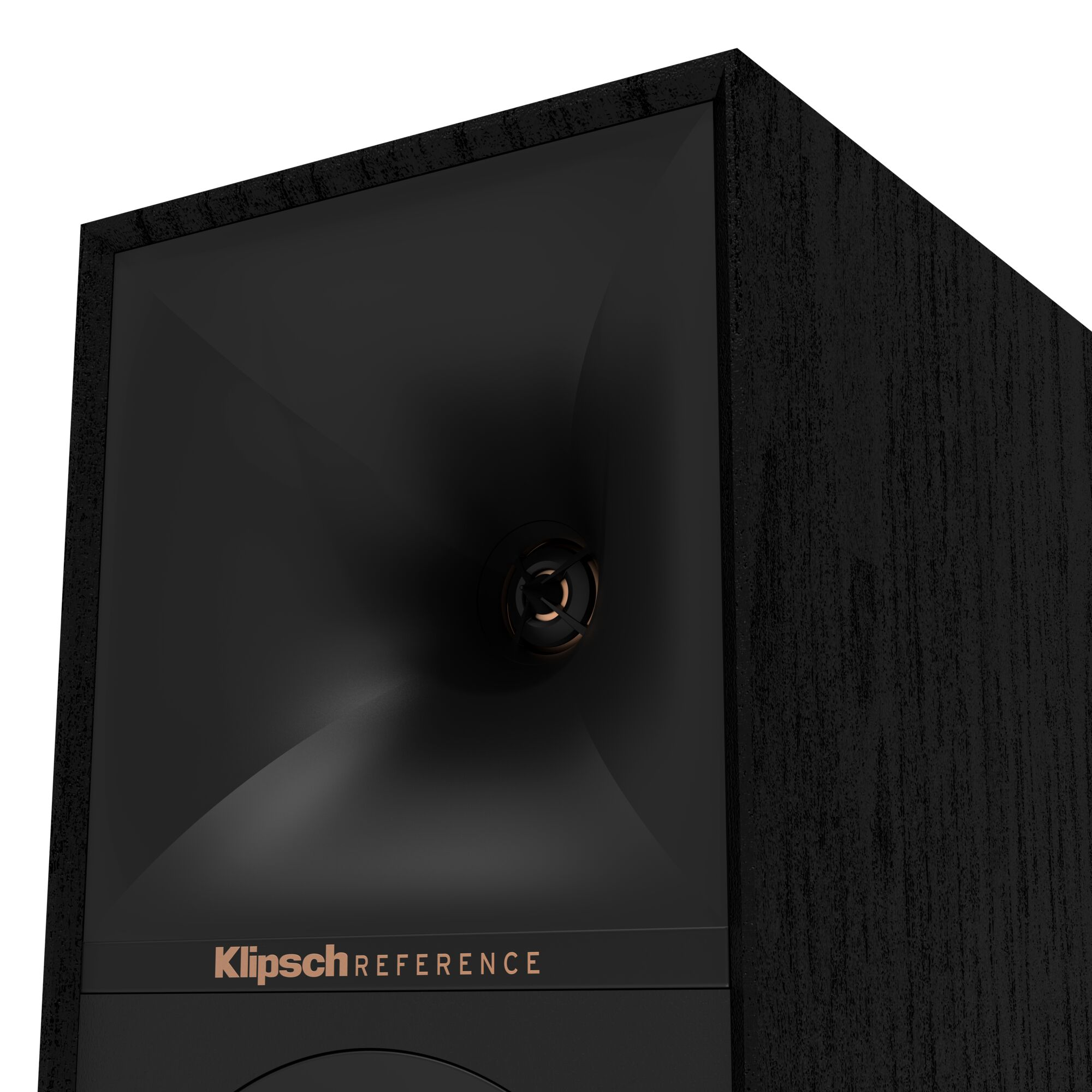 Primo piano di altoparlante nero con centro color rame e logo Klipsch Reference.