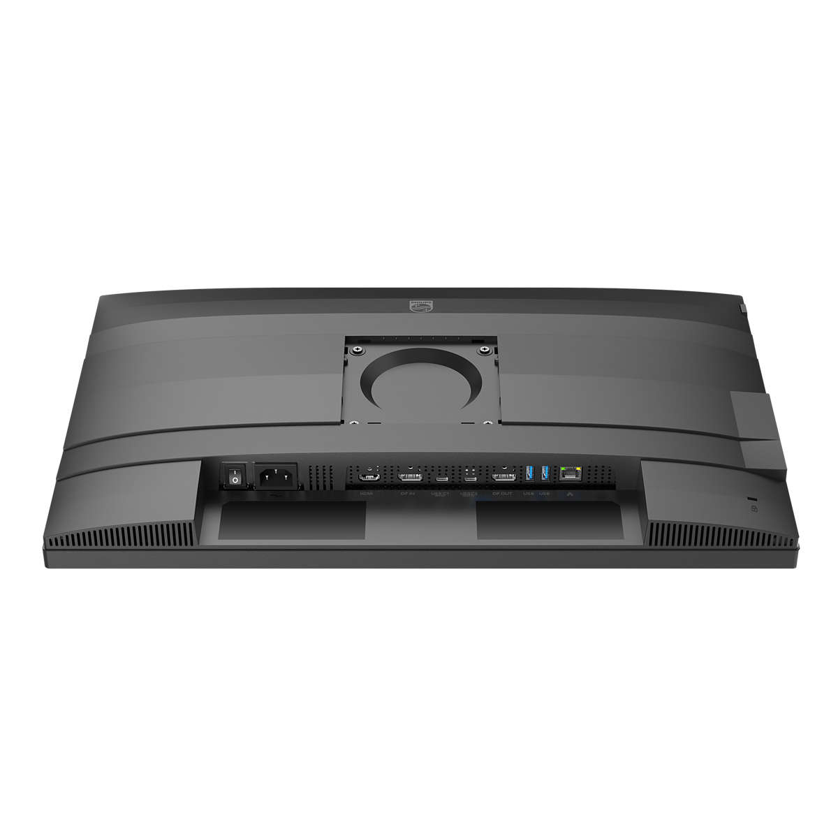 Tył monitora z różnymi portami do podłączeń i przyciskiem zasilania.