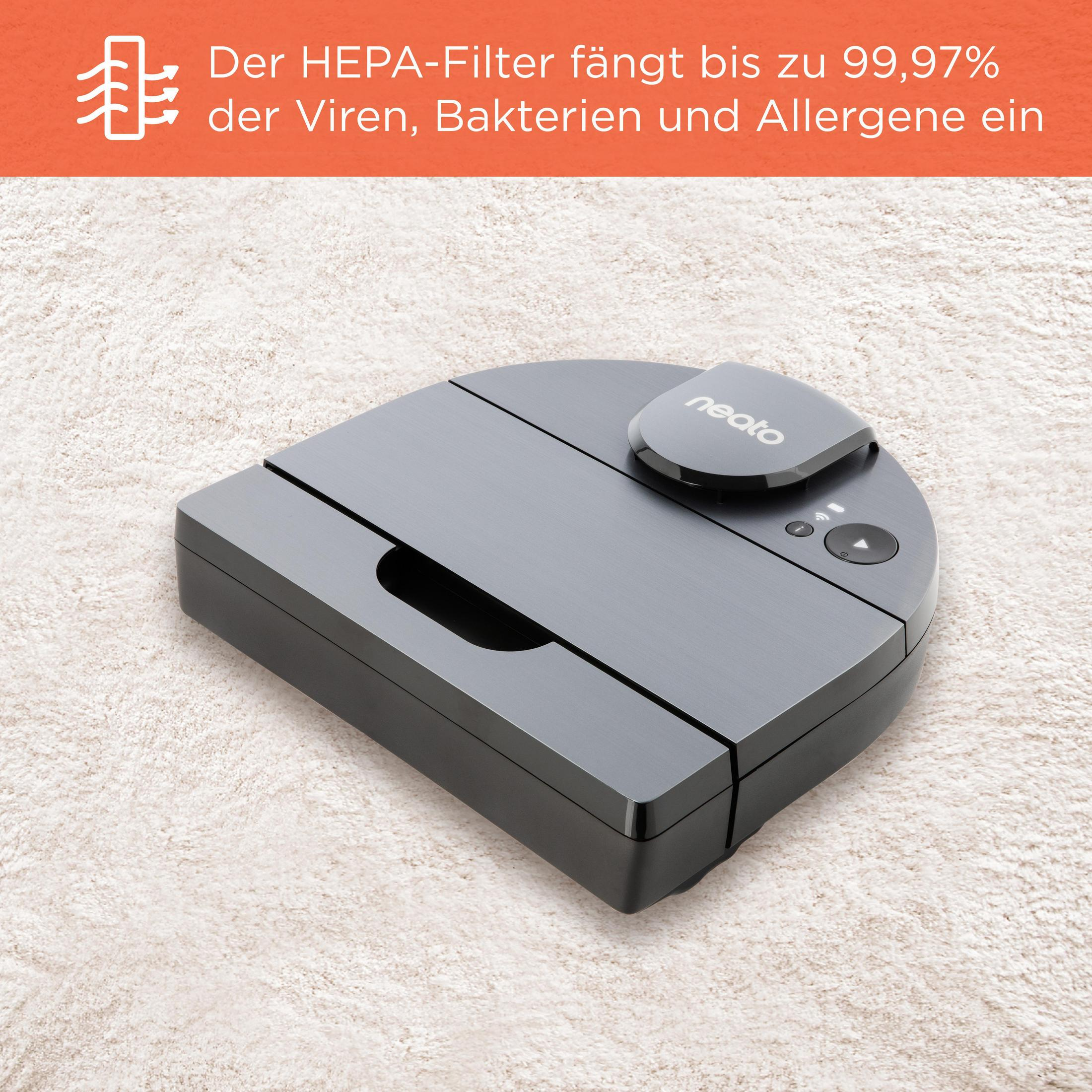 Neato-Saugroboter auf Teppich. Der Text besagt, dass der HEPA-Filter bis zu 99,97 % der Viren erfasst.