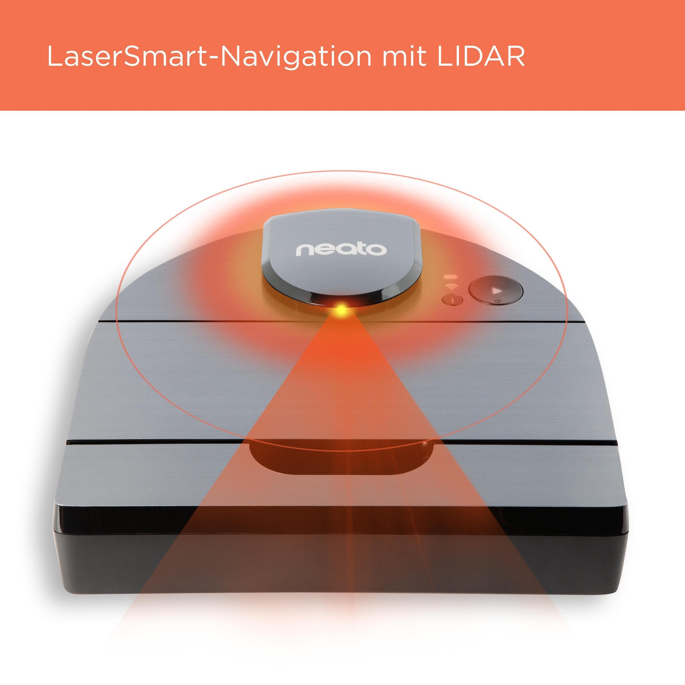 Ein Roboter-Staubsauger mit schwarzem Gehäuse. LaserSmart-Navigation mit LiDAR wird hervorgehoben.