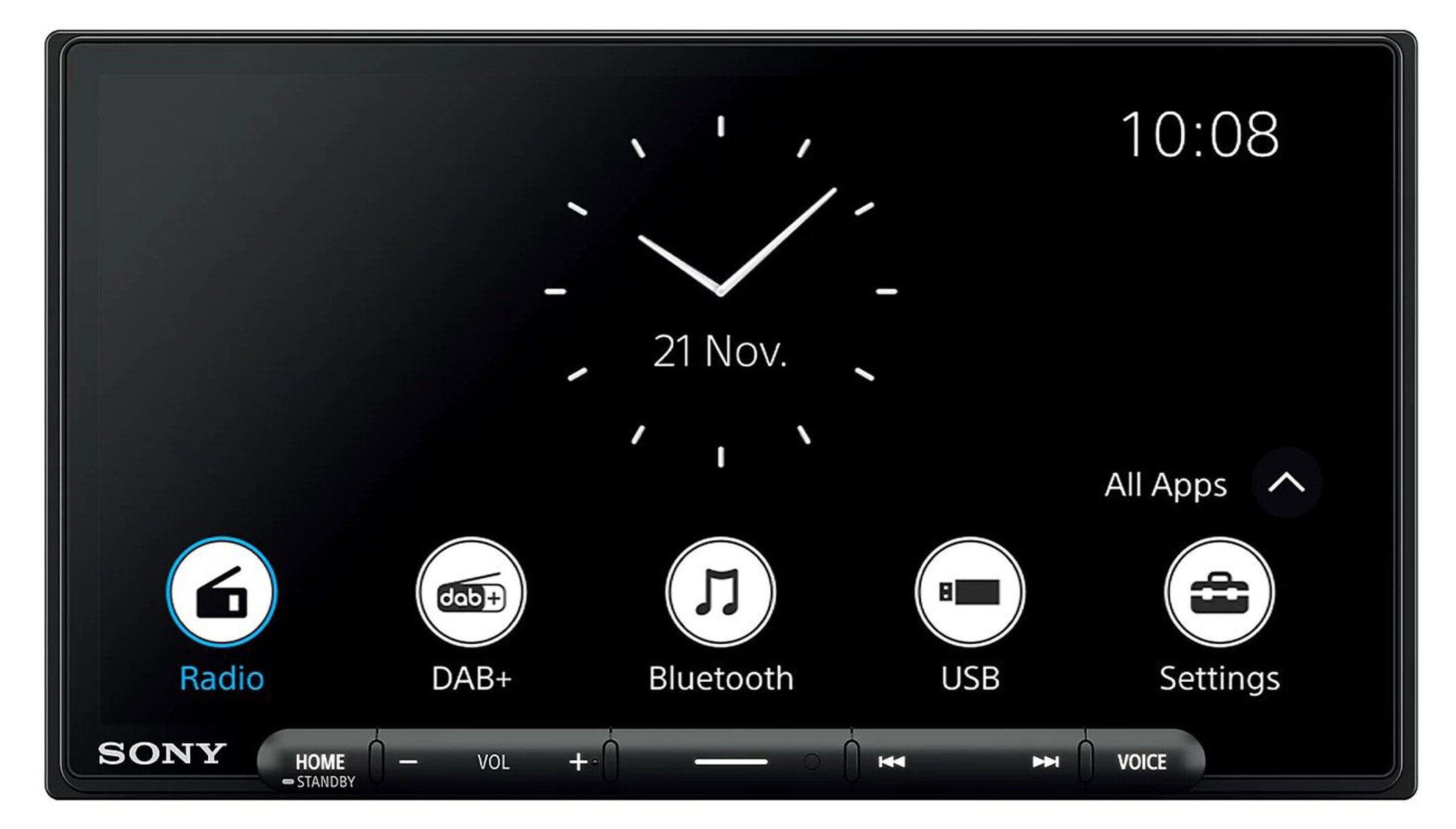 Schwarzer Auto-Infotainment-Bildschirm, der eine Uhr, einen Kalender und verschiedene App-Symbole anzeigt.