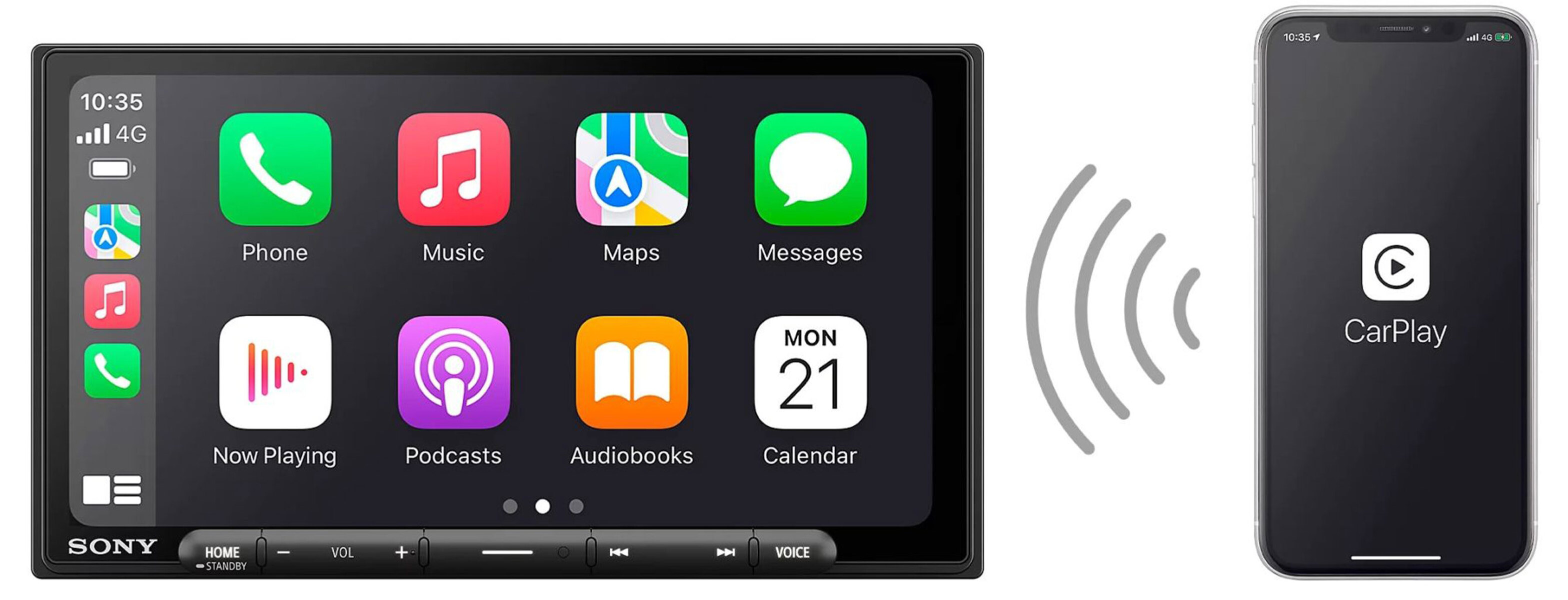 Ein Autoradio-Bildschirm zeigt Apps an, und ein Smartphone mit CarPlay-App ist verbunden.