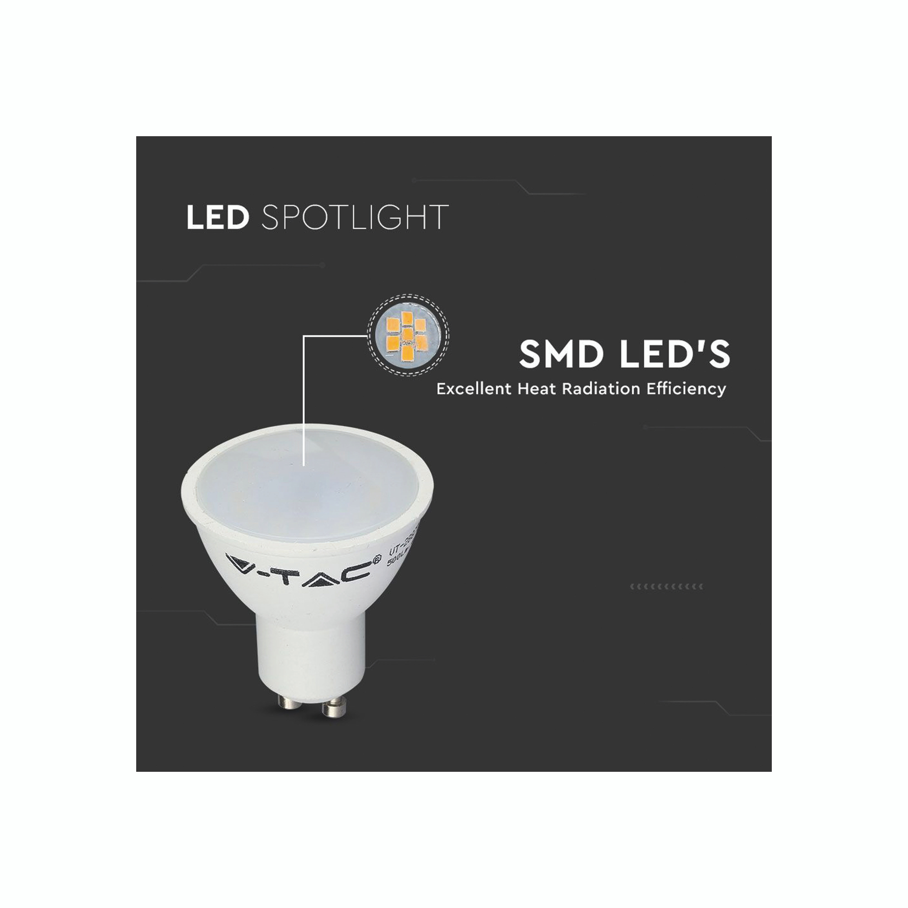 Un faretto a LED bianco con logo V-TAC. È visibile un array di LED arancioni.