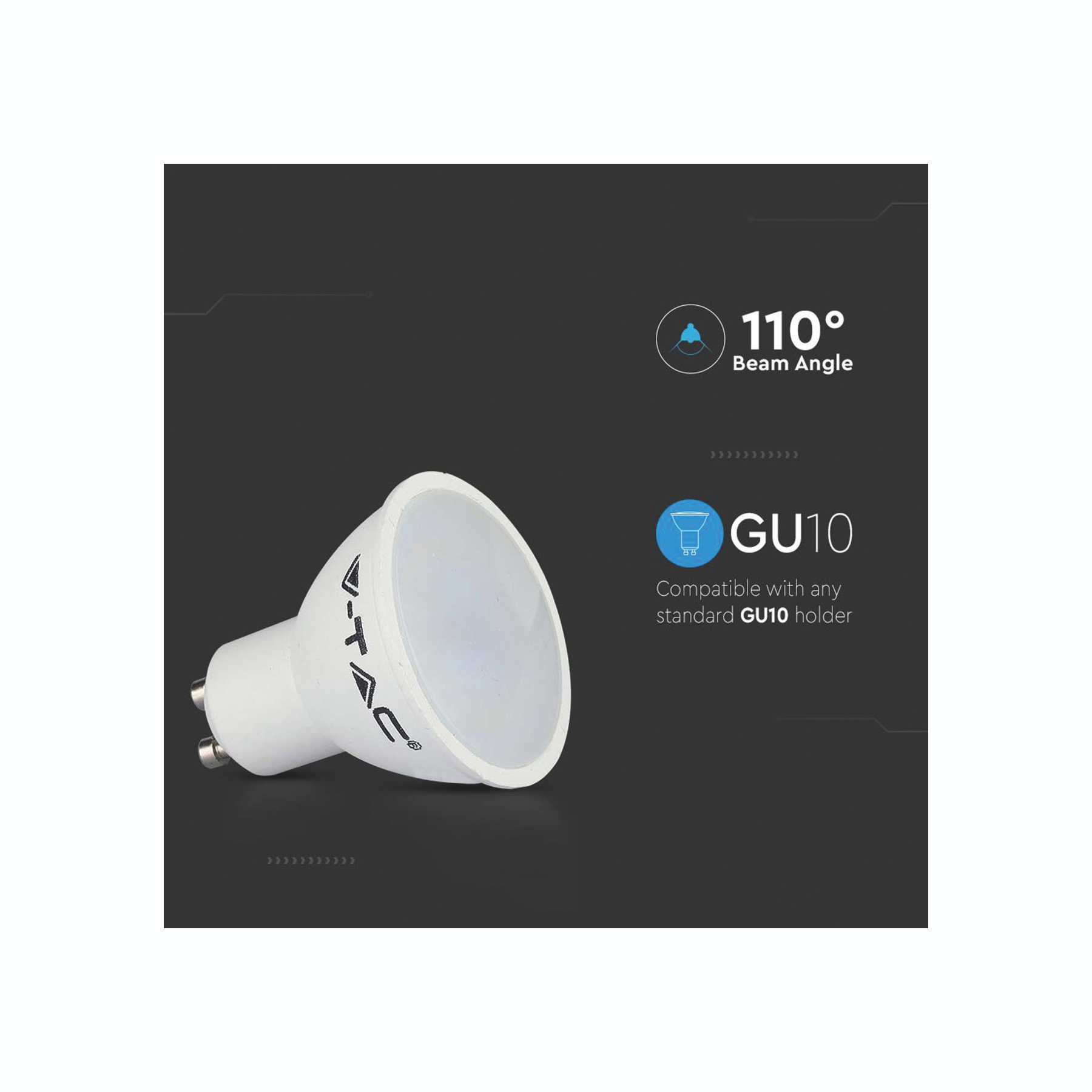 Lampadina GU10 bianca, logo V-TAC. Sfondo nero con testo.