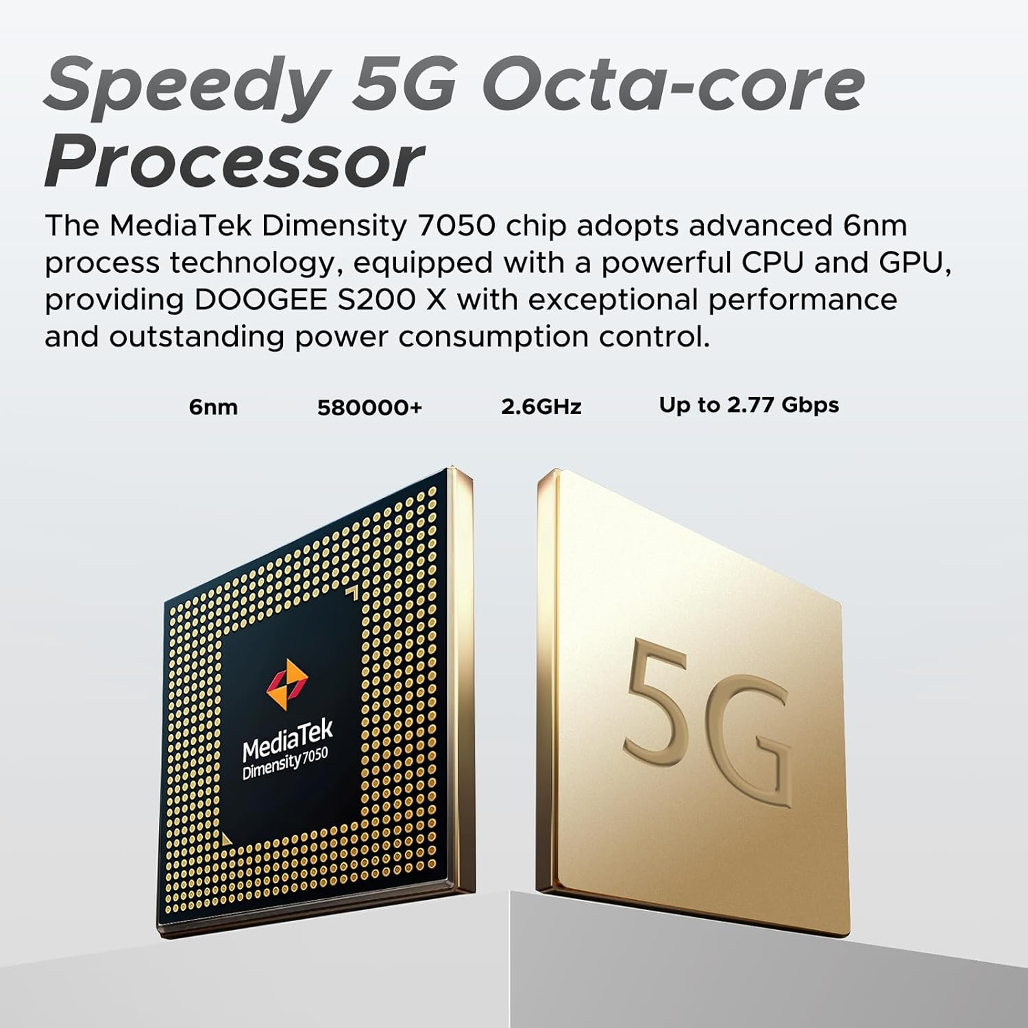 Nahaufnahme eines MediaTek Dimensity 7050 Chips und eines 5G-Symbols auf goldenem Hintergrund.