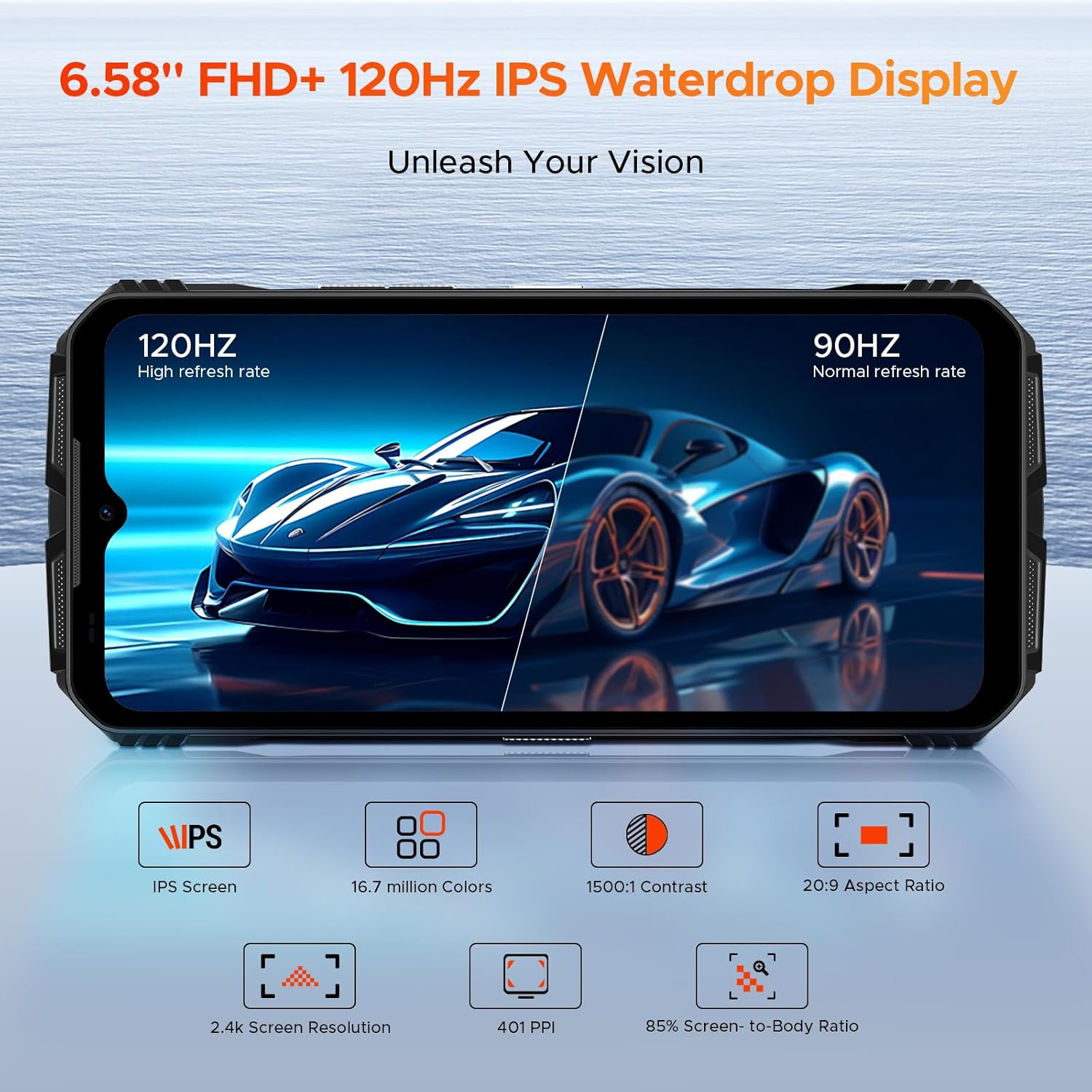 Pantalla de teléfono con imagen de coche, especificaciones técnicas. 6.58" FHD+, 120Hz IPS. Teléfono negro robusto.