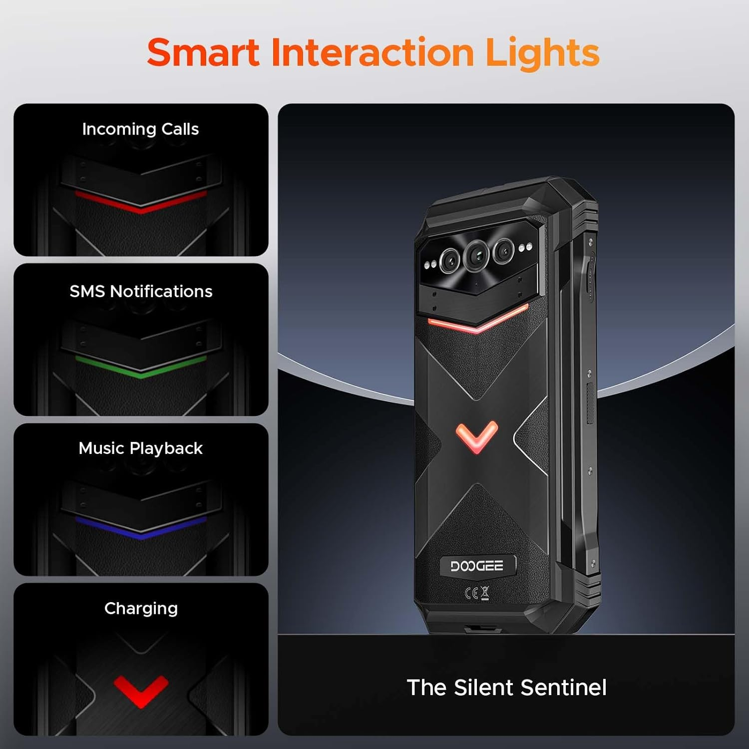Una imagen de un teléfono inteligente negro con una pantalla de luces de interacción y las palabras "The Silent Sentinel".