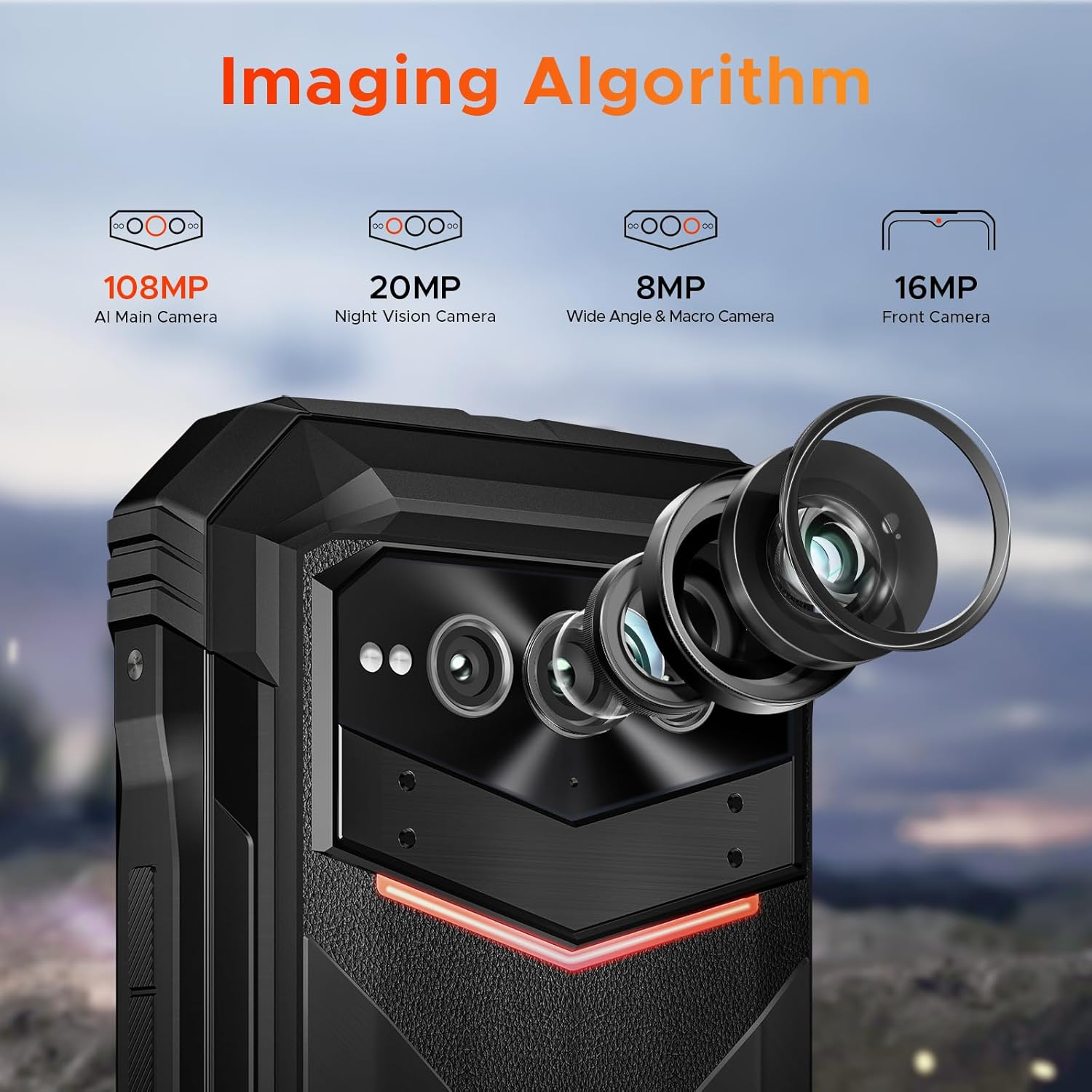Un teléfono con múltiples cámaras, que muestra un diagrama del algoritmo de imagen con detalles de la lente.