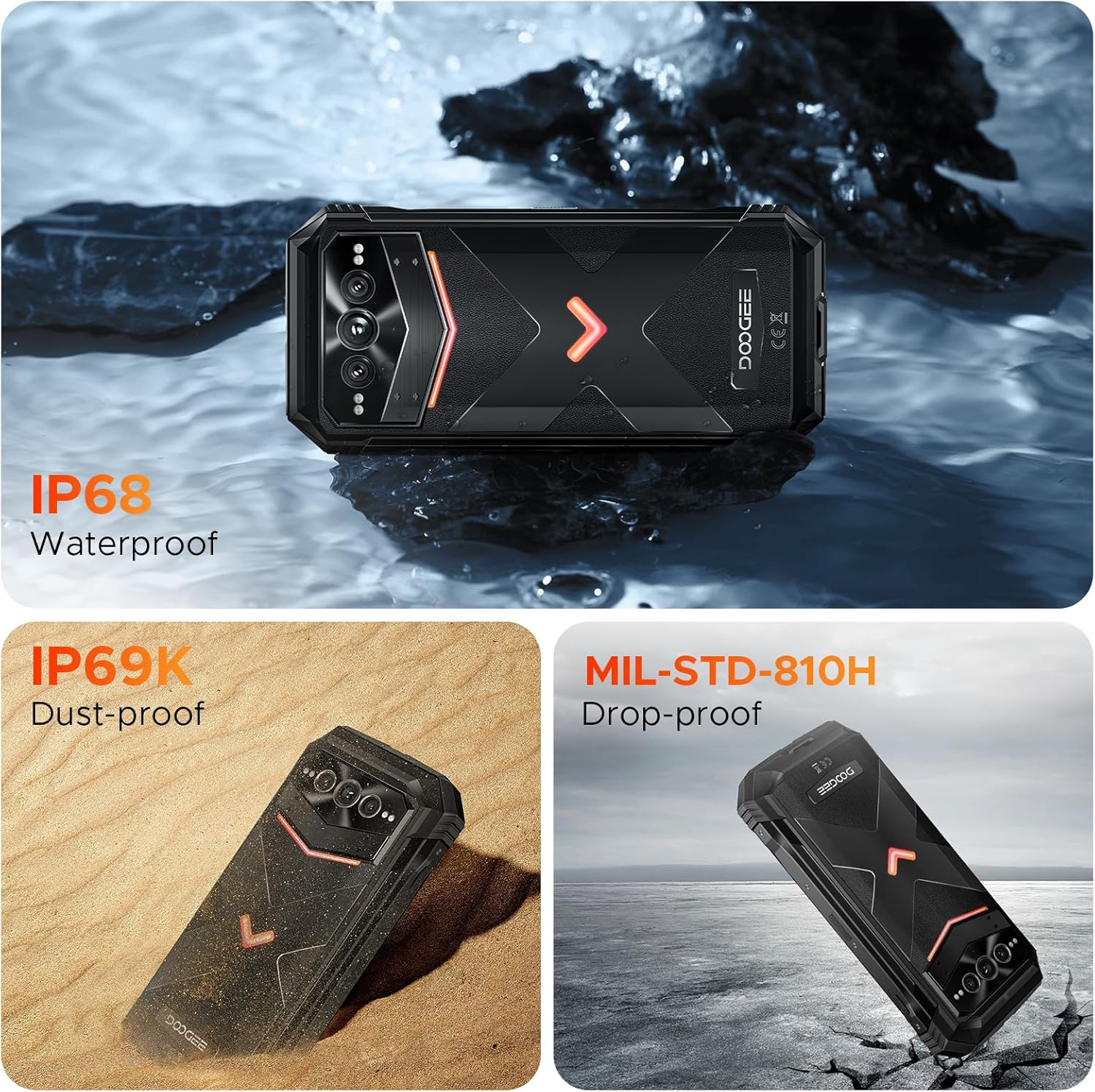 Smartphone negro duradero con detalles naranjas, salpicaduras de agua e iconos de funciones.