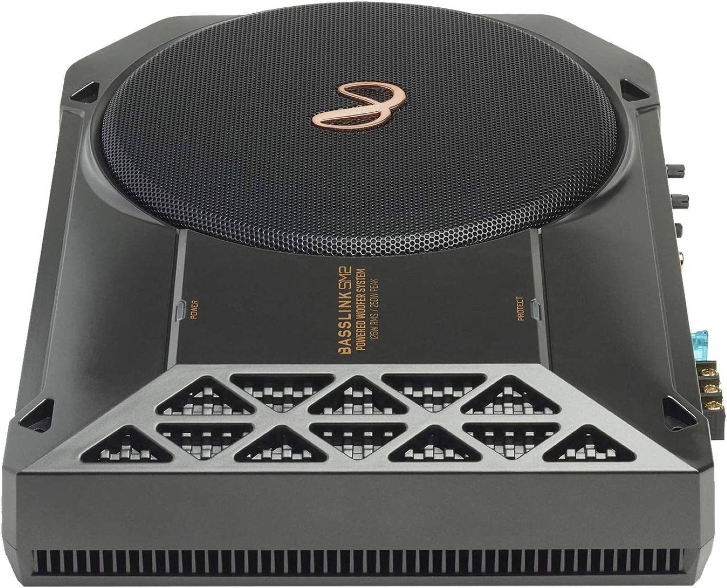 Schwarzer Subwoofer mit Mesh-Gitter und kupferfarbenem Logo.