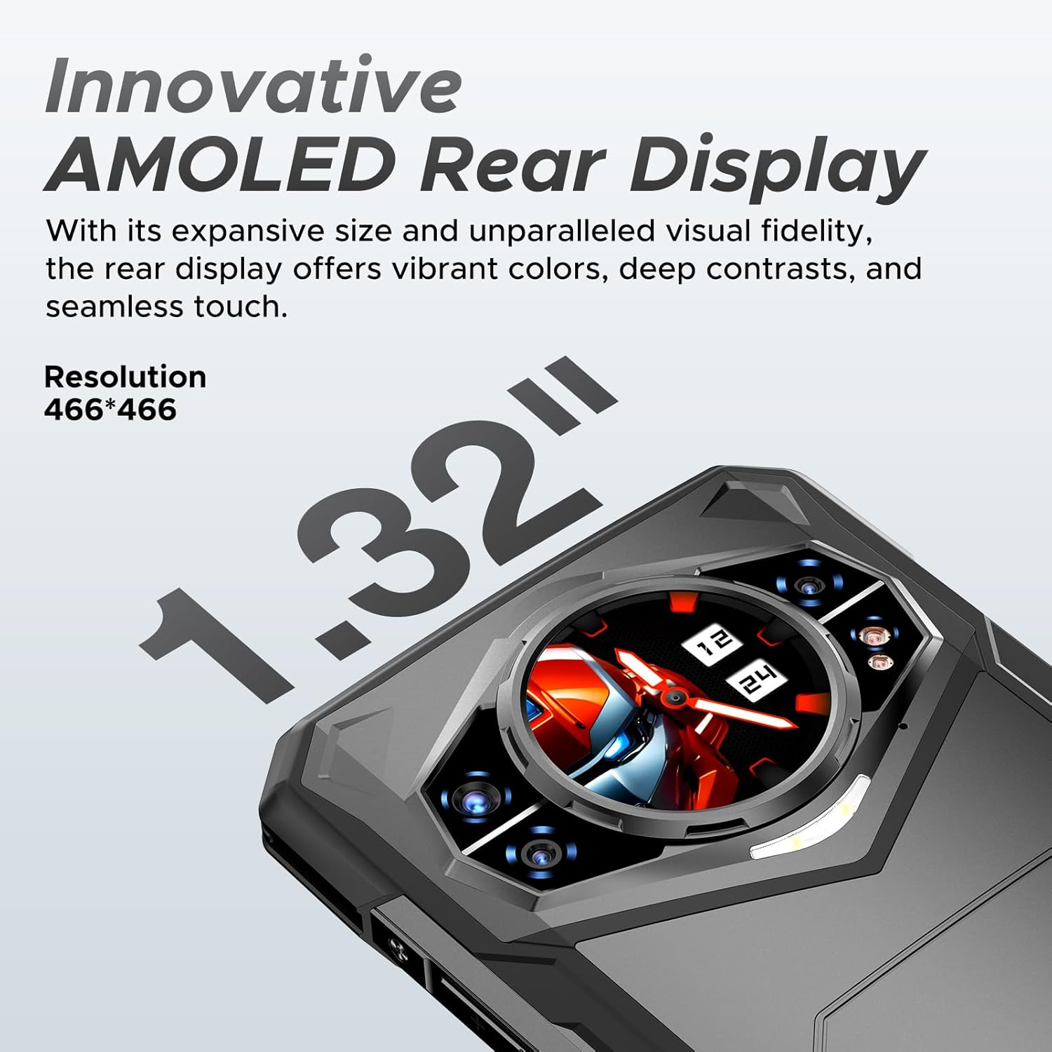 Smartwatch-Rückdisplay mit Zeit, Auflösung und Bildschirm.