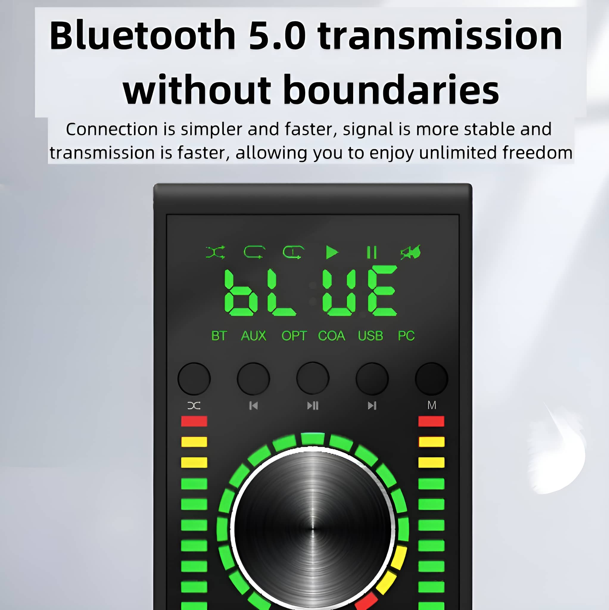 Schwarzes Audiogerät mit blauem 'BLUE'-Display und Steuertasten. Grüner Equalizer.
