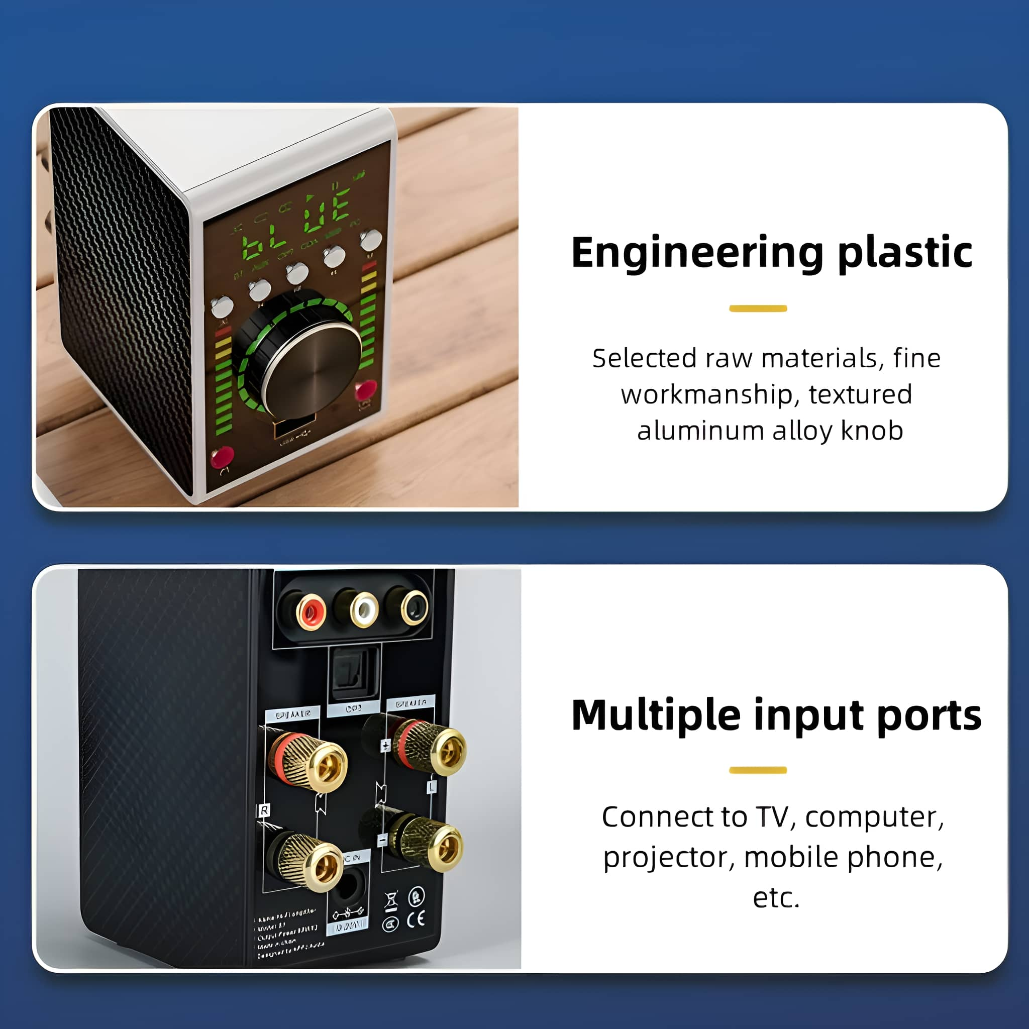 Nahaufnahme von Audiokomponenten. Technischer Kunststoff und mehrere Eingangsports.