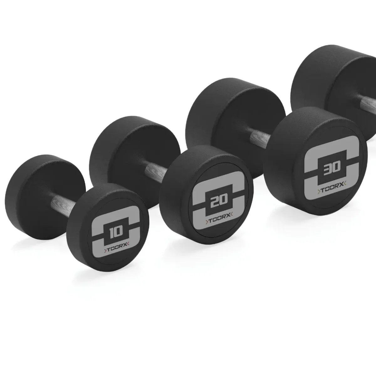 Set of black dumbbells with weight labels, arranged in size order.