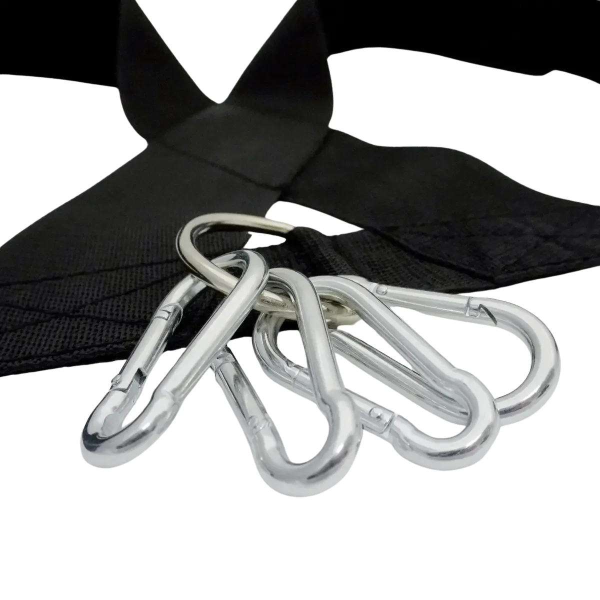 Close up of the metal carabiner clips attached to the training harness. The background is white.