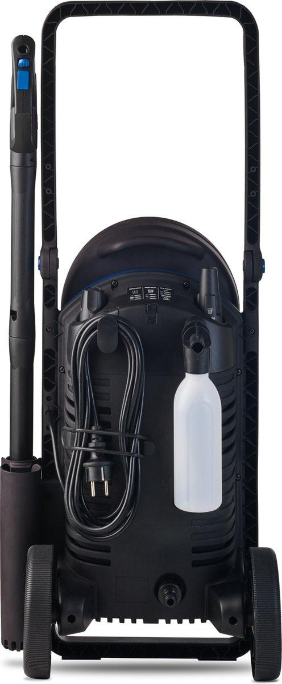 Czarna myjka ciśnieniowa z uchwytem, wężem i białą butelką. Koła są na dole.