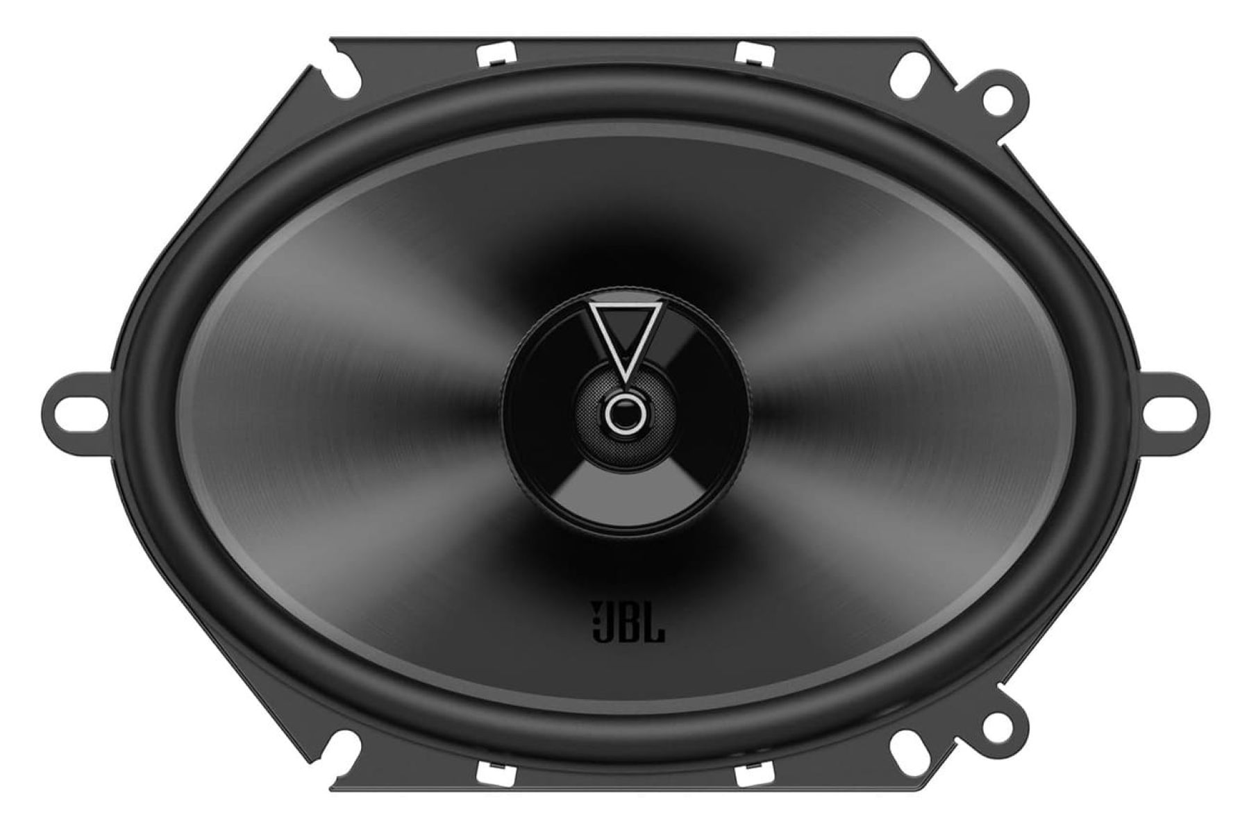 Haut-parleur de voiture noir, forme ovale, centre noir et logo JBL argenté.