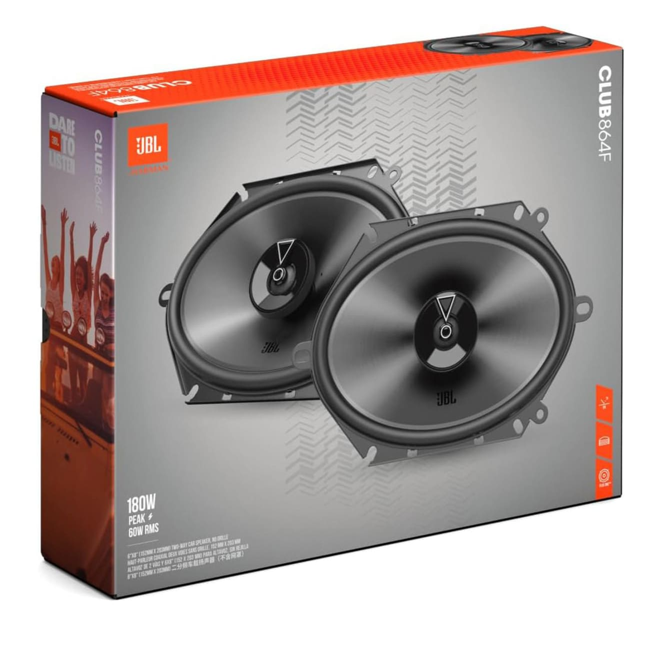 Boîte avec deux haut-parleurs JBL noirs, texte orange. C'est un composant audio de voiture.