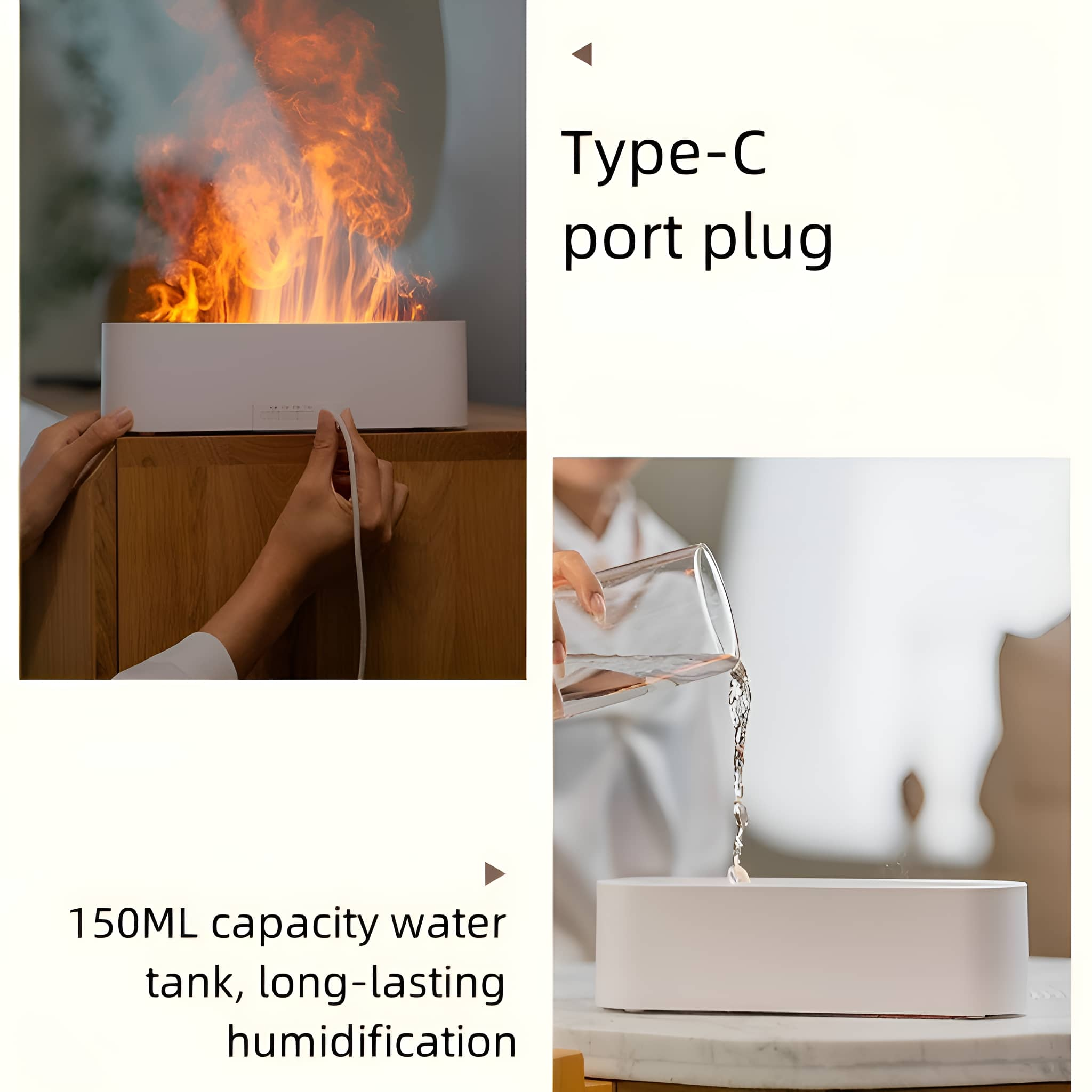 Aromadiffusor mit Flammeneffekt und Wassertank, mit Text über seine Funktionen.