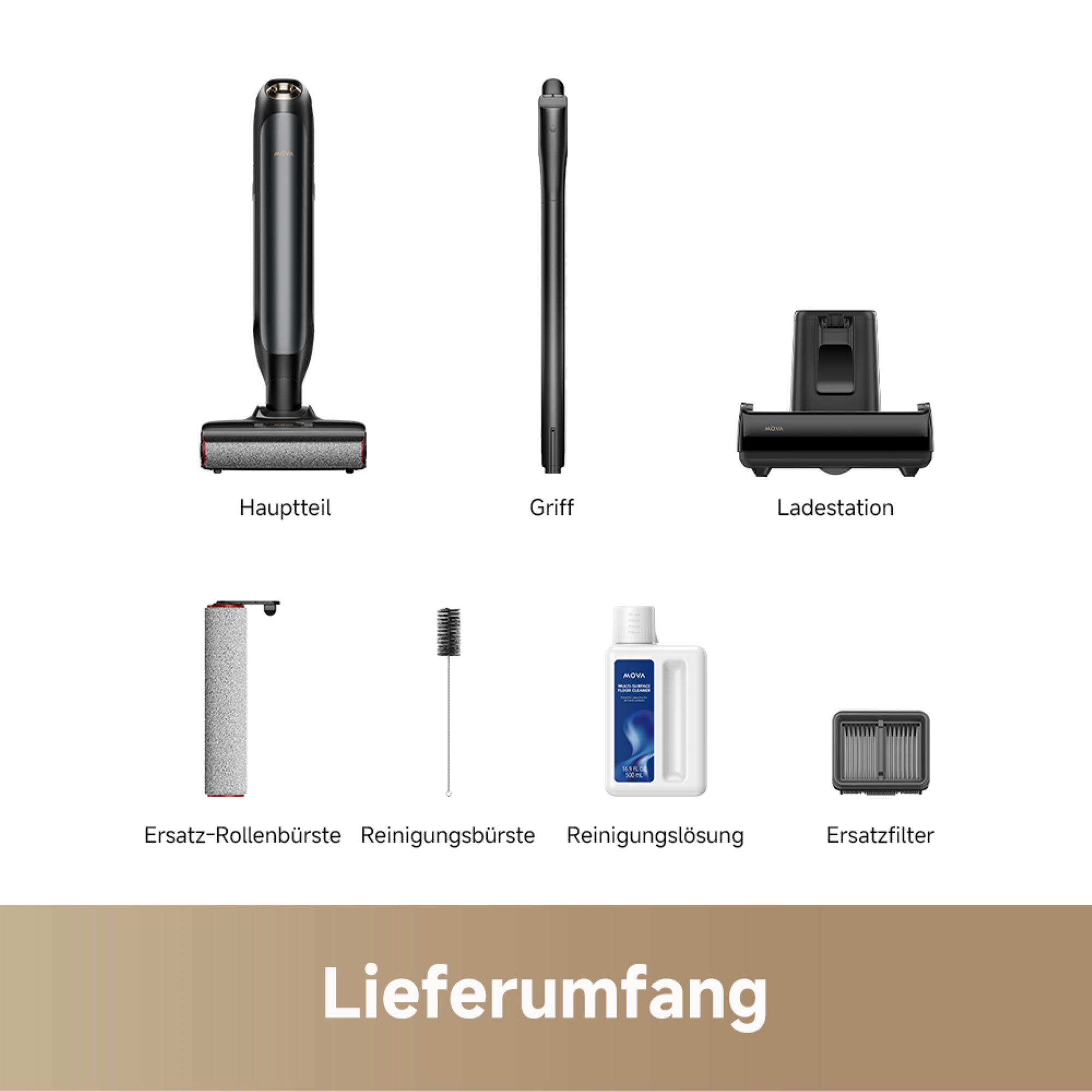 Ensemble de pièces d'aspirateur : tête, poignée, station de charge, brosse, solution et filtre.