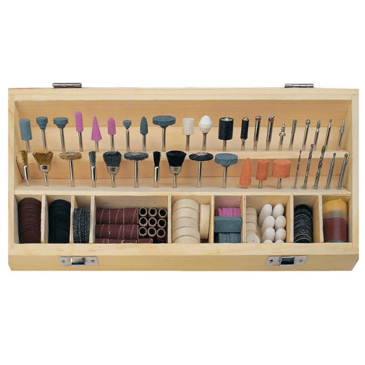 Holzkiste mit verschiedenen Rotationswerkzeugaufsätzen. Verschiedene Formen und Größen sind organisiert.