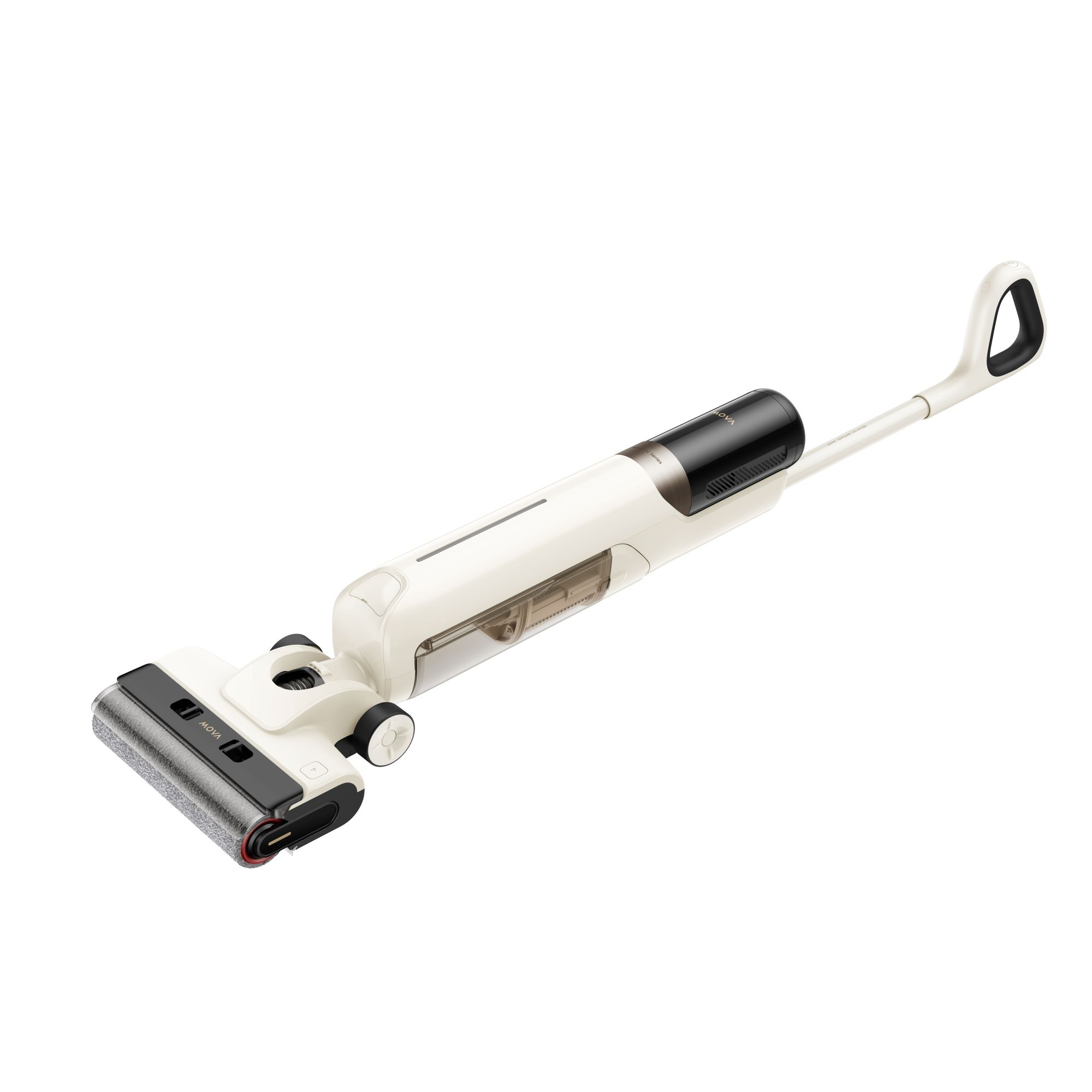 White and black cordless vacuum cleaner on a white surface.