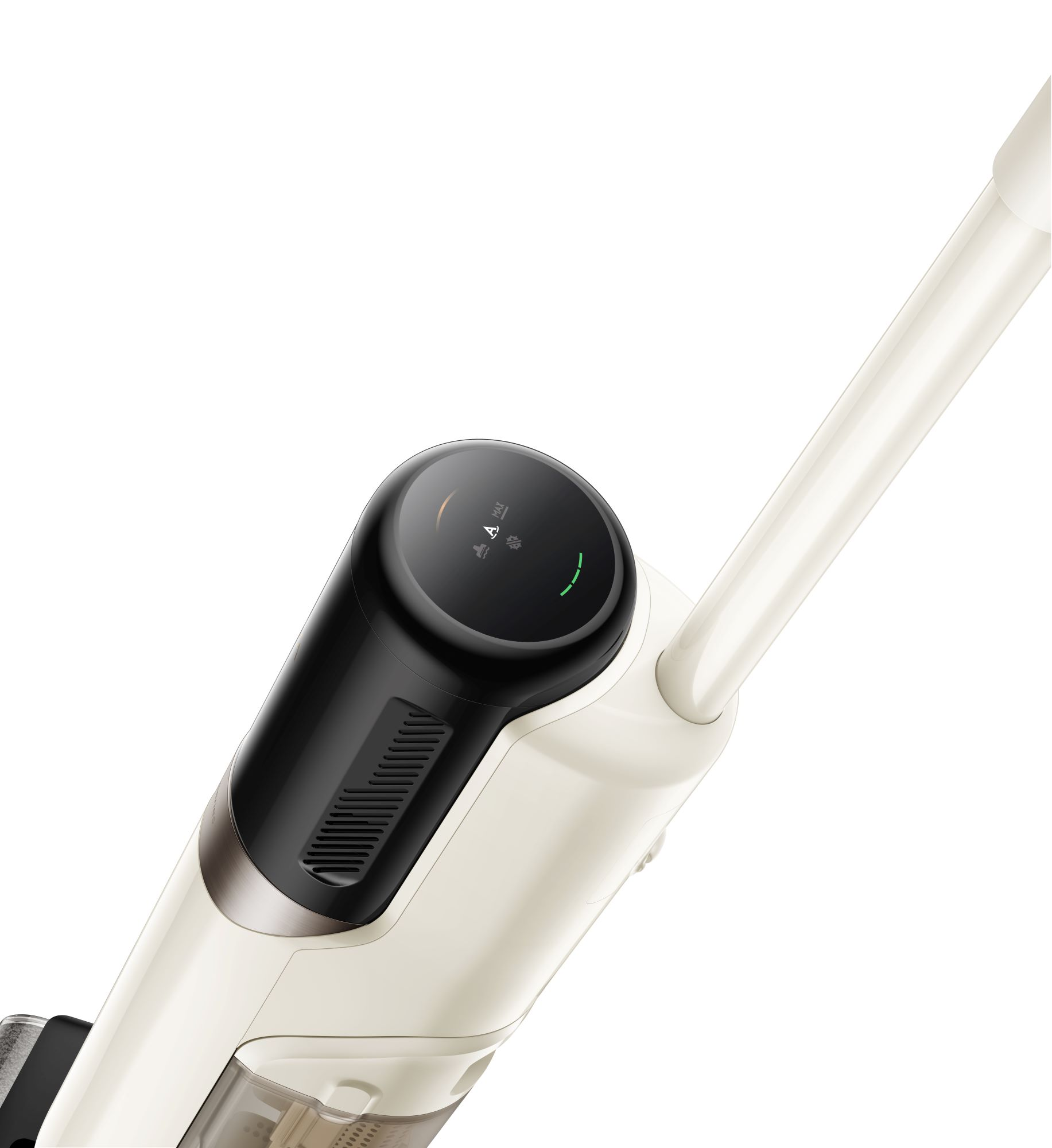 Cordless vacuum cleaner top with display, black and white.