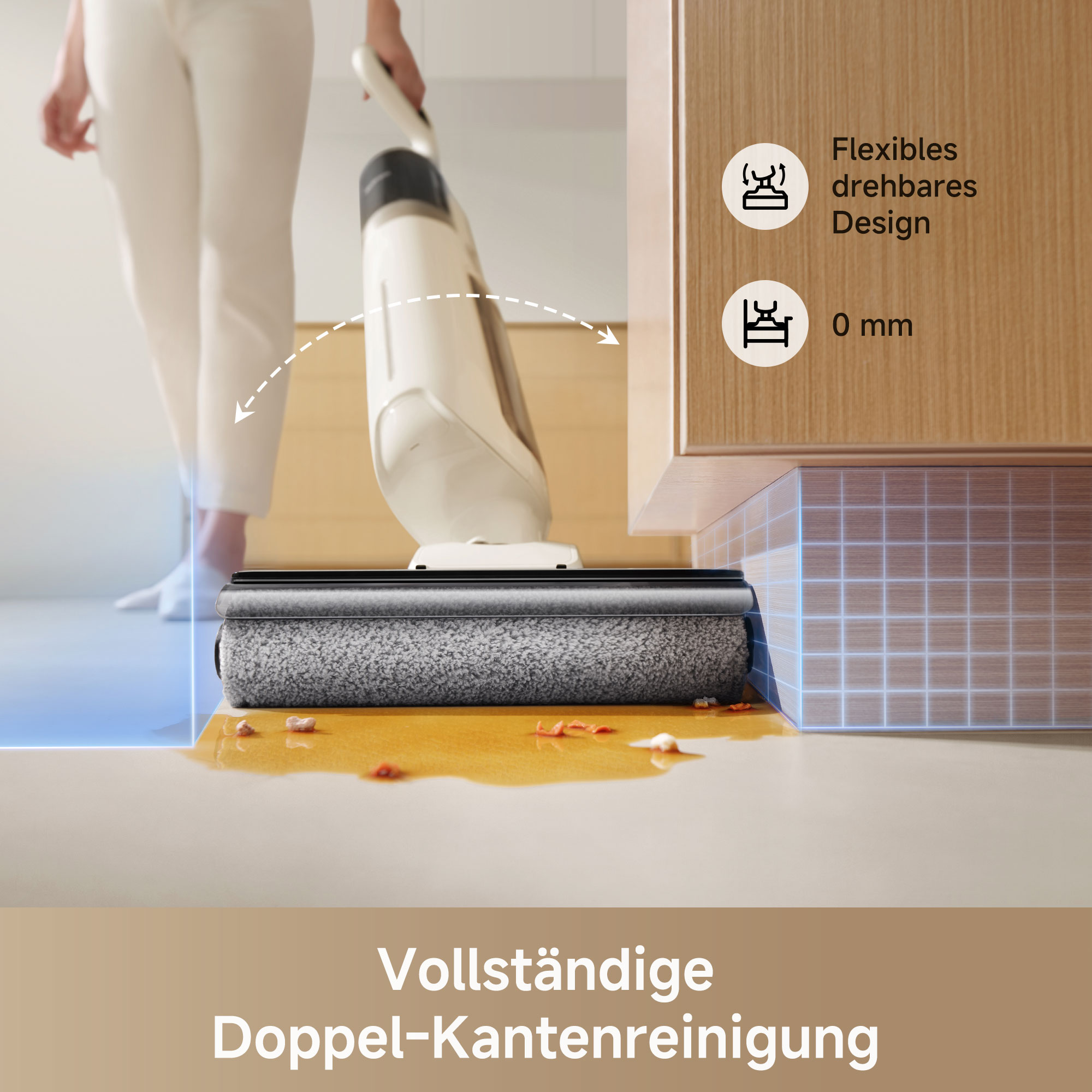 Person verwendet eine Bodenreinigungsmaschine mit Reinigungskopf.