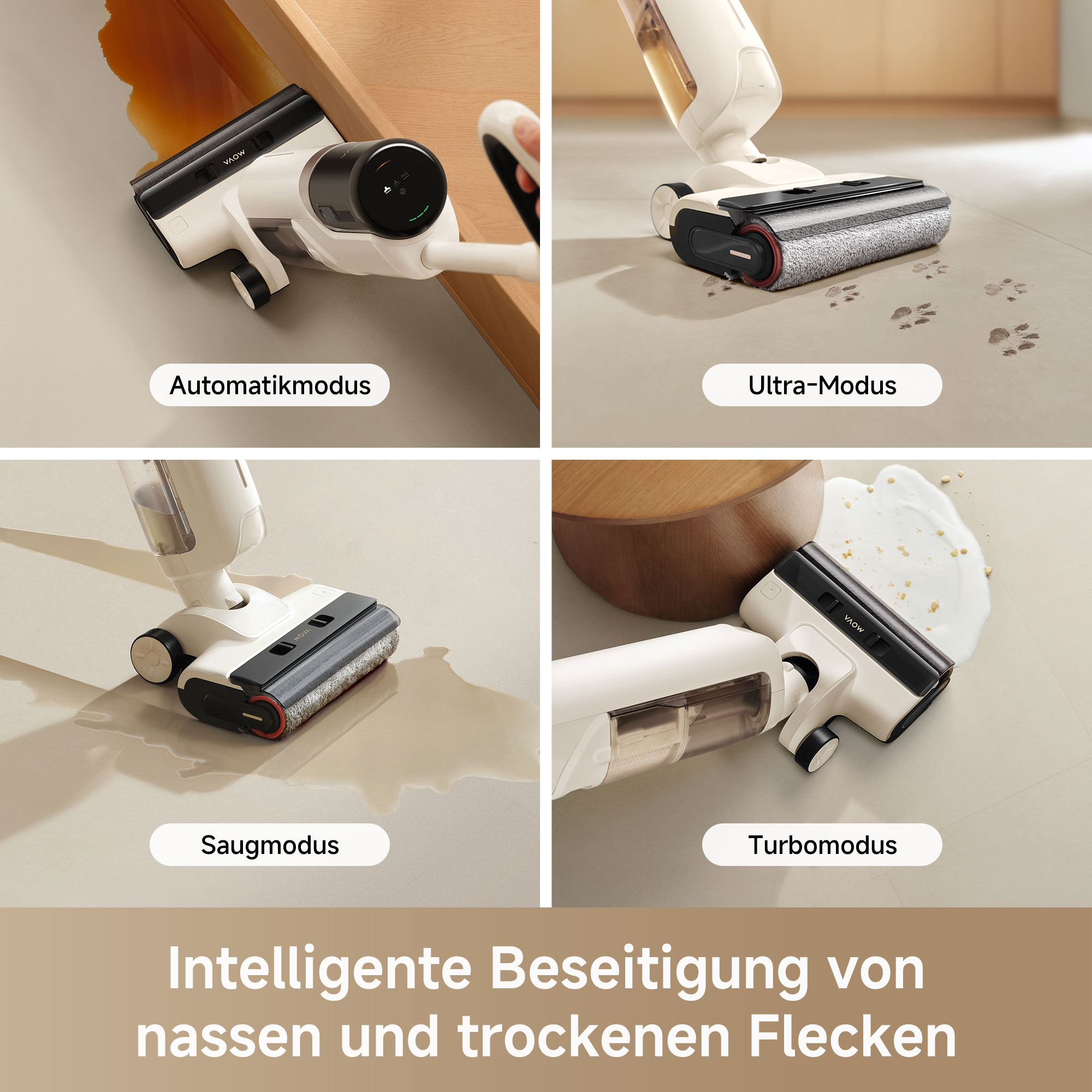 Four images showing a white vacuum cleaner in different modes with text labels: Automatikmodus, Ultra-Modus, etc.